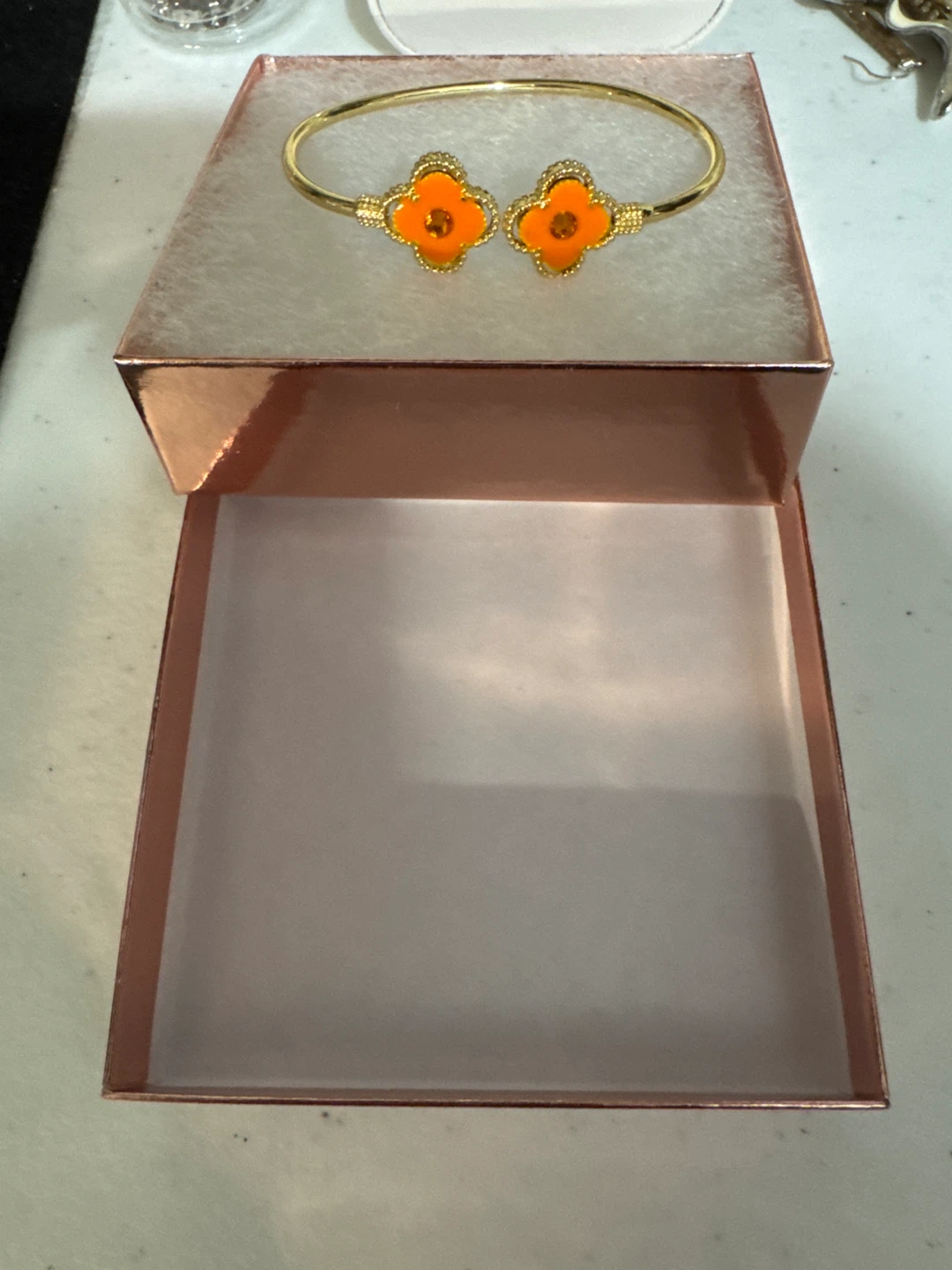 14k Plated Clover Bangle Bracelet w Orange Enamel NEW! - photo 4