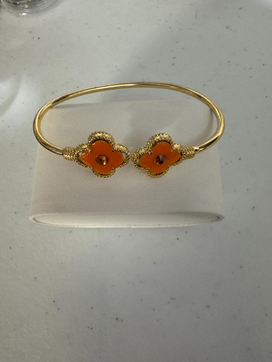 14k Plated Clover Bangle Bracelet w Orange Enamel NEW! - photo 2