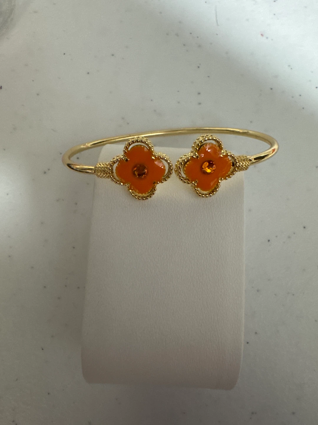 14k Plated Clover Bangle Bracelet w Orange Enamel NEW! - photo 3