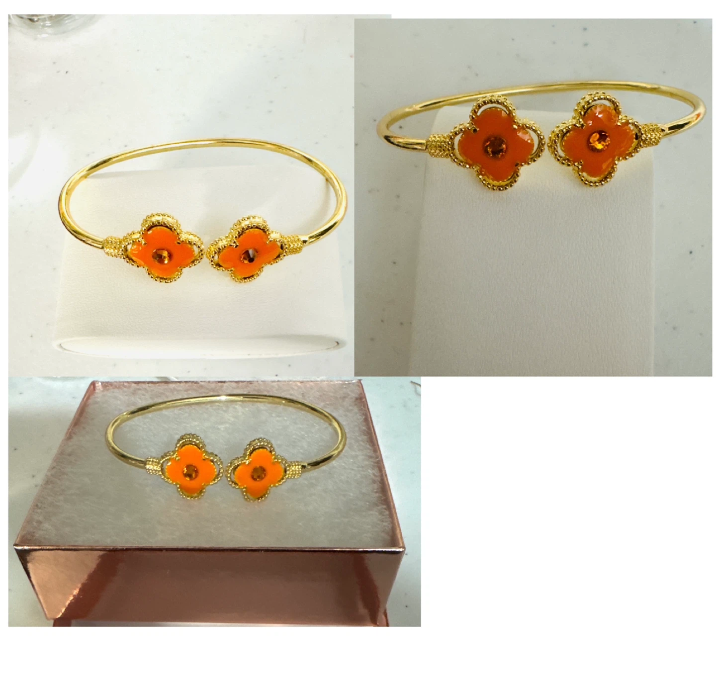 14k Plated Clover Bangle Bracelet w Orange Enamel NEW!