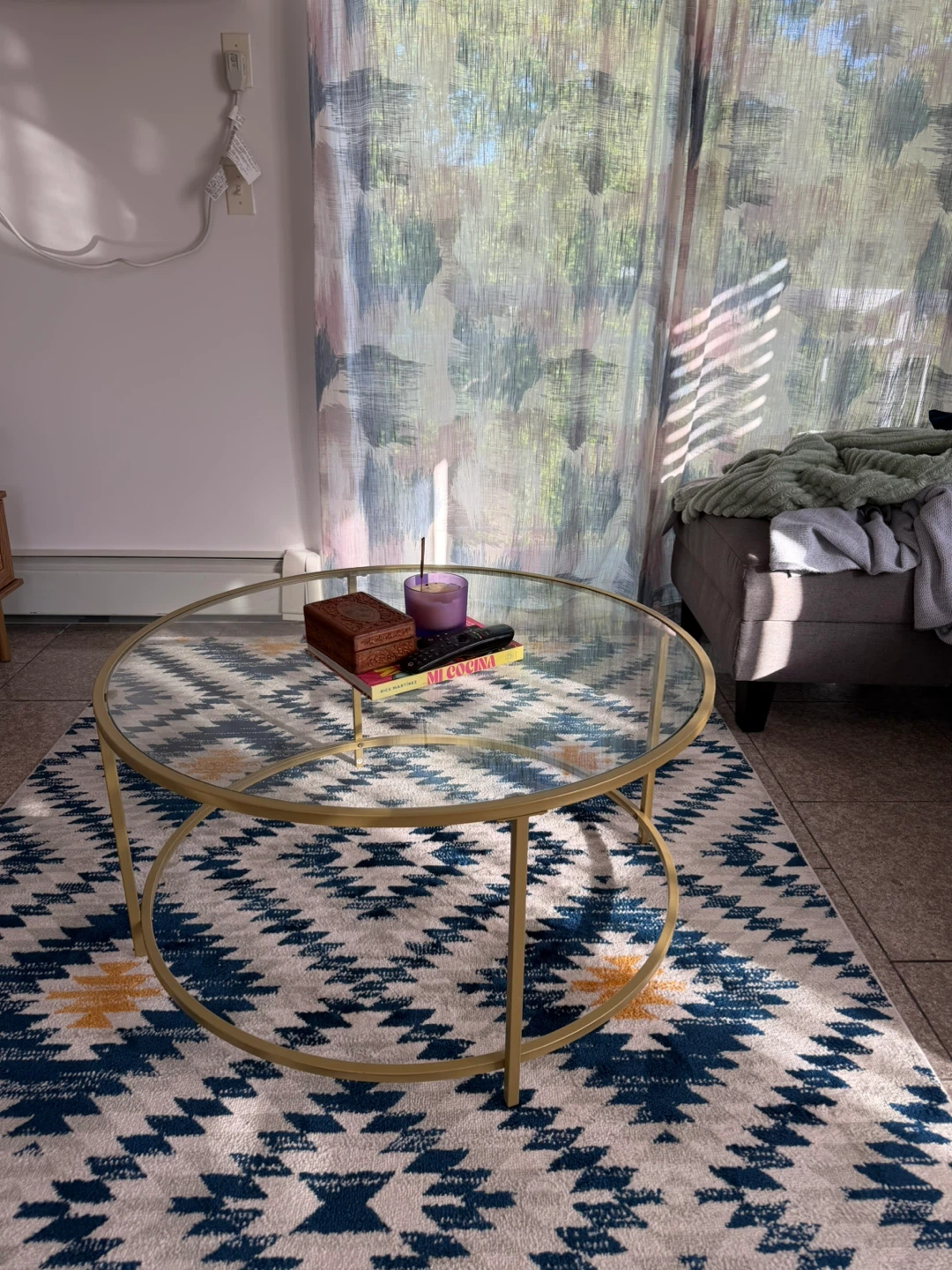 Round Glass Coffee Table with Gold Metal Frame