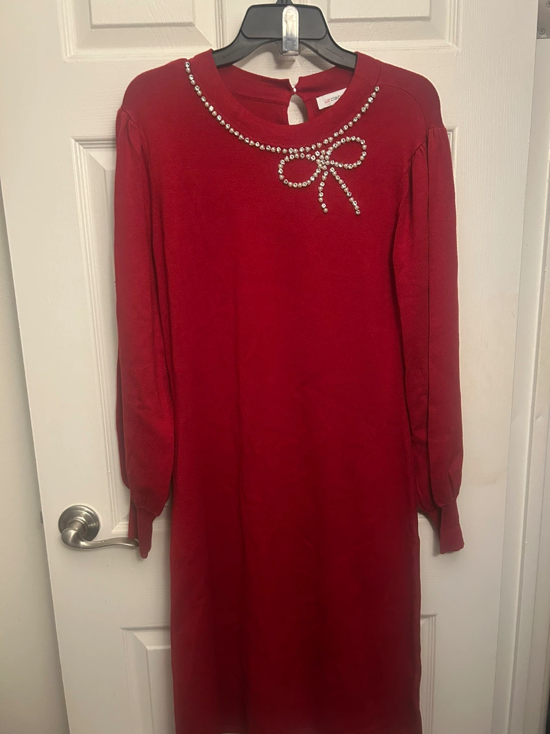 Liz Claiborne Red Sweater Dress with Rhinestone Bow