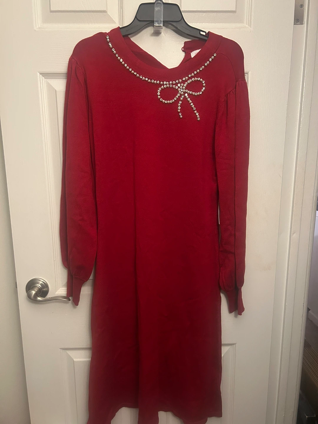 Liz Claiborne Red Sweater Dress with Rhinestone Bow - photo 3