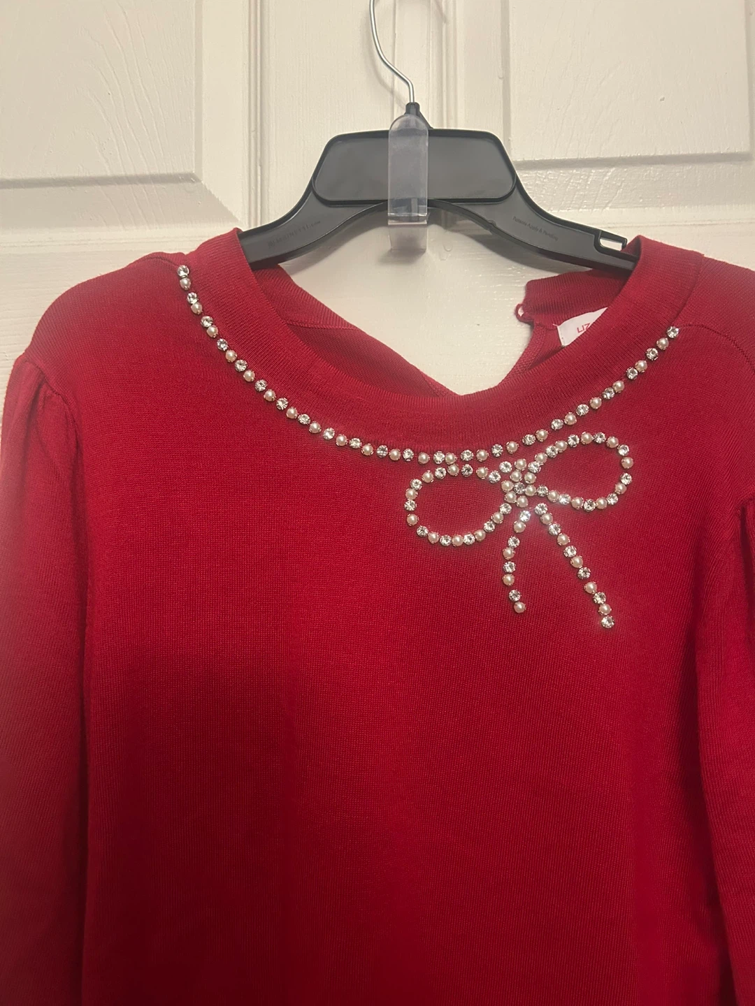 Liz Claiborne Red Sweater Dress with Rhinestone Bow - photo 2