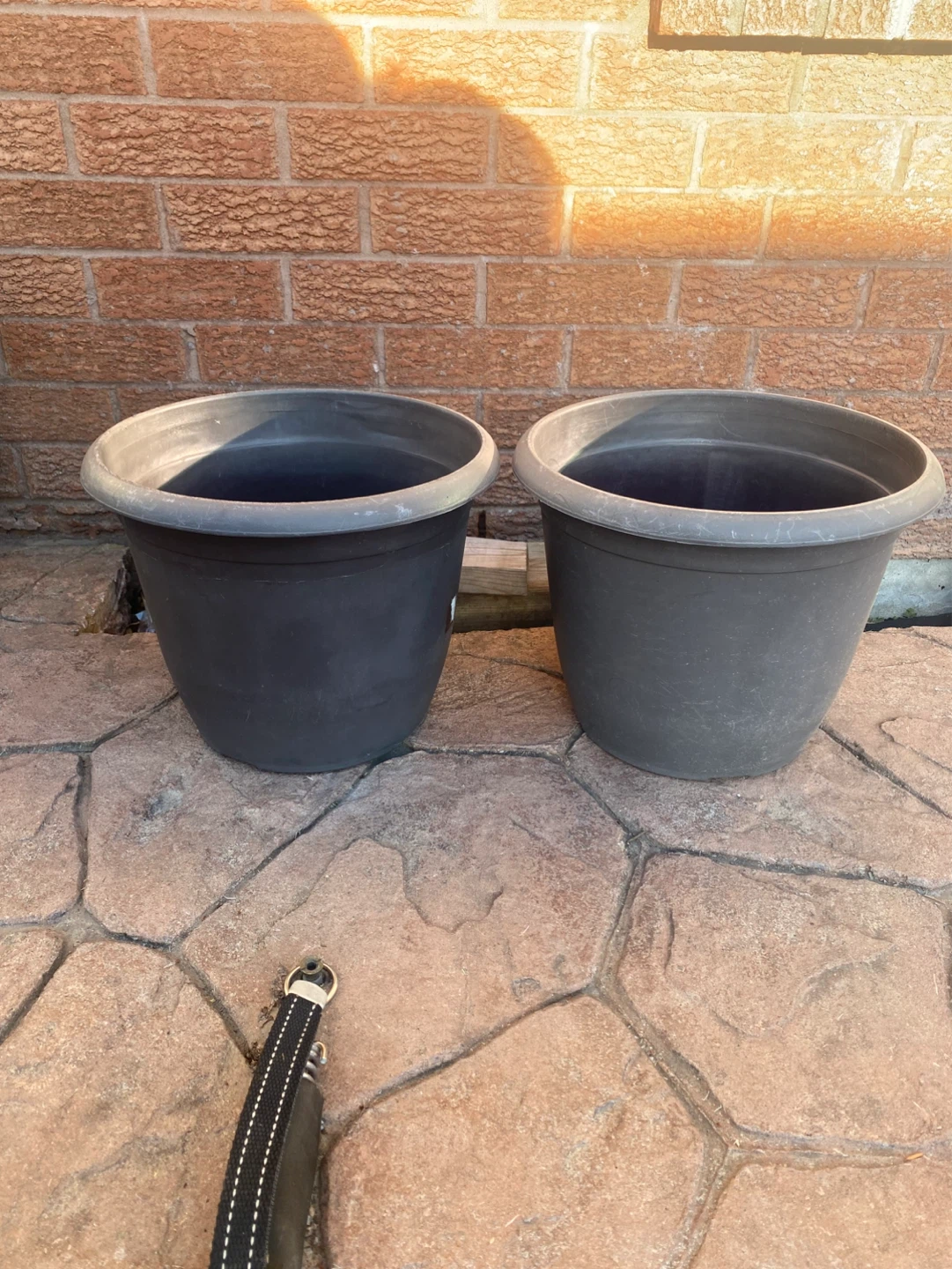 Two dark grey plastic planters