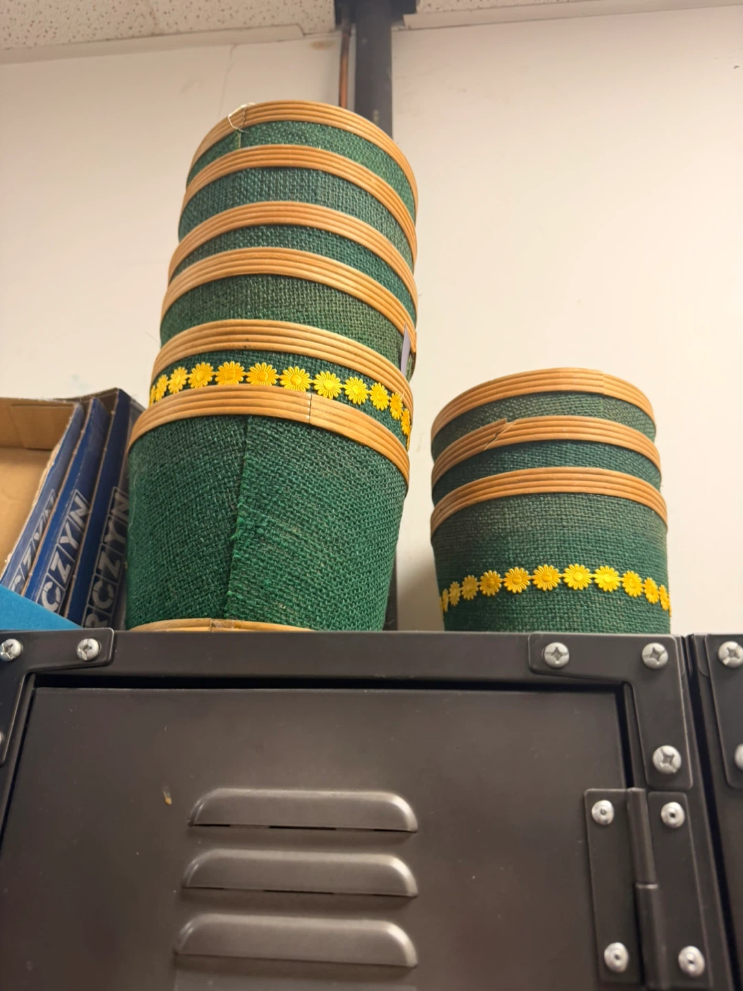 Green Burlap Storage Baskets with Rattan Trim and Daisy Accents