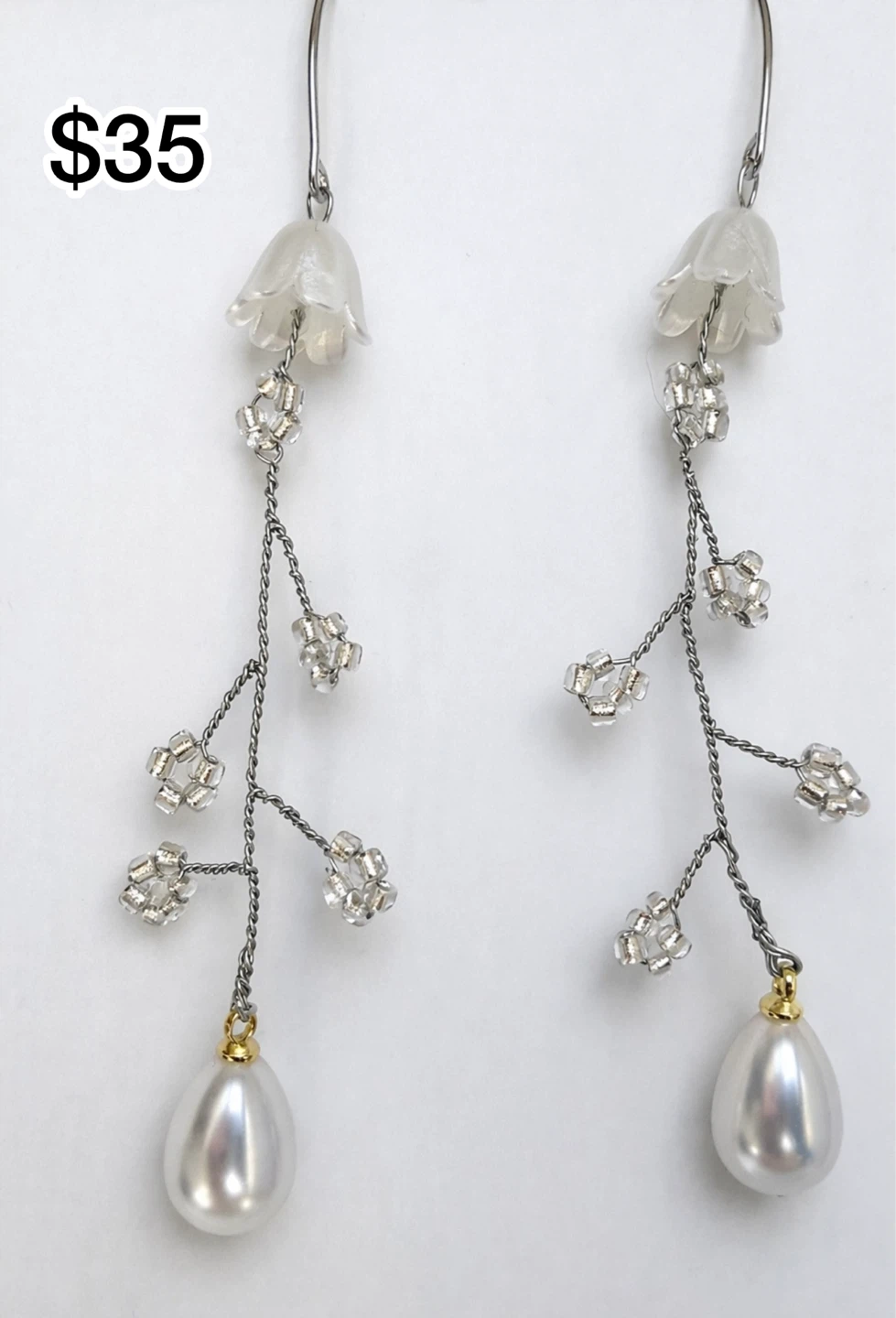 Dangle Earrings with White Pearls and Beaded Flowers