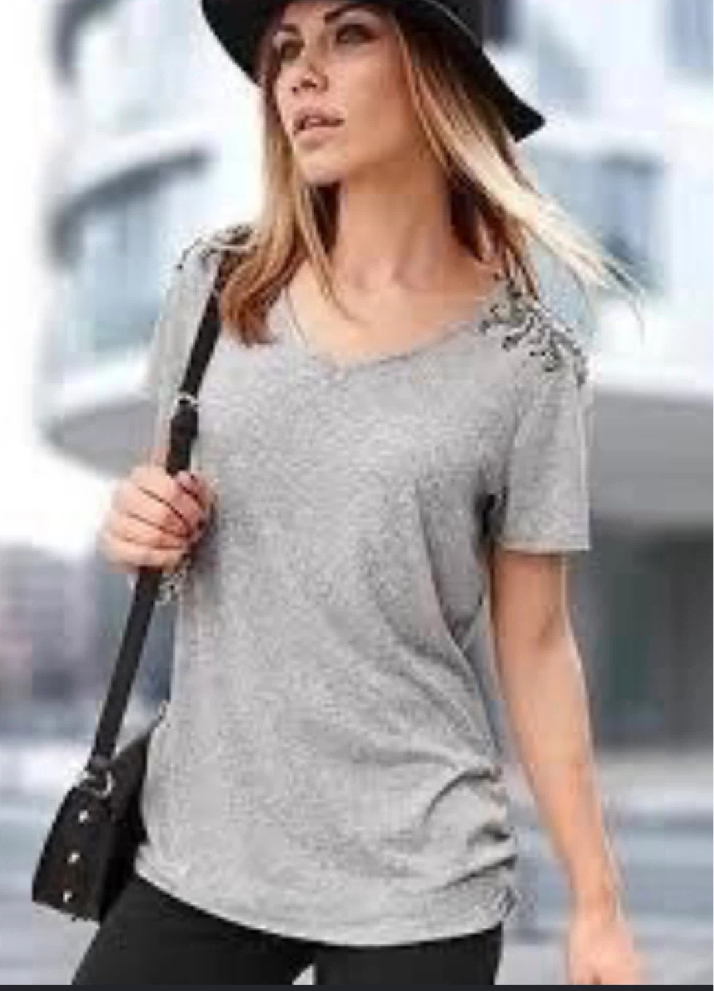 Woman's Grey T-Shirt with Embellished Shoulders