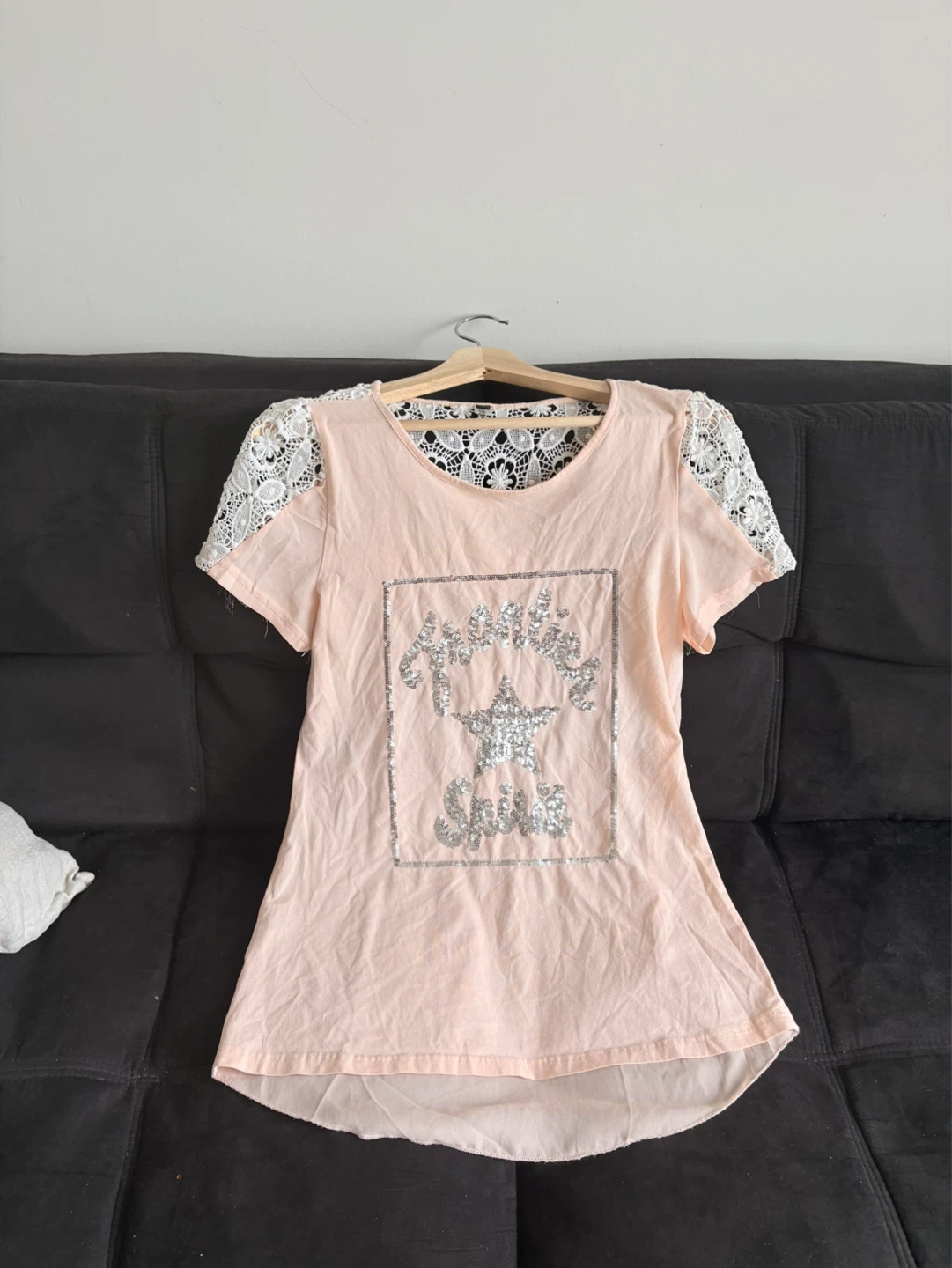 Pink Short Sleeve T-Shirt with White Lace