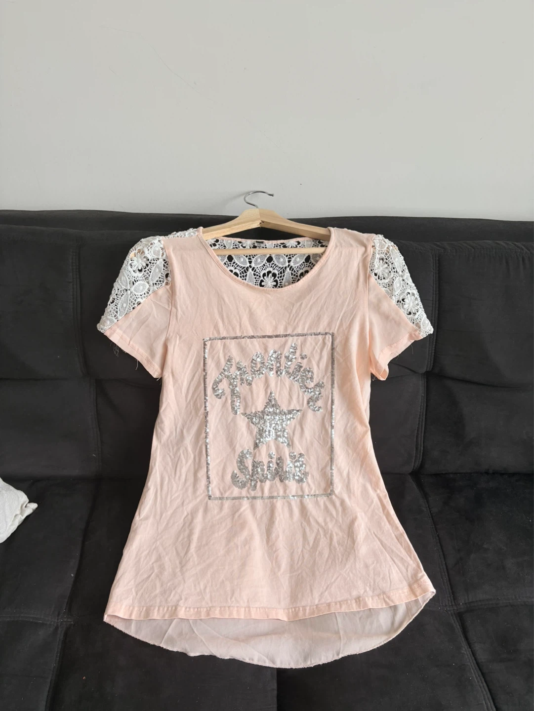 Pink Short Sleeve T-Shirt with White Lace - photo 4