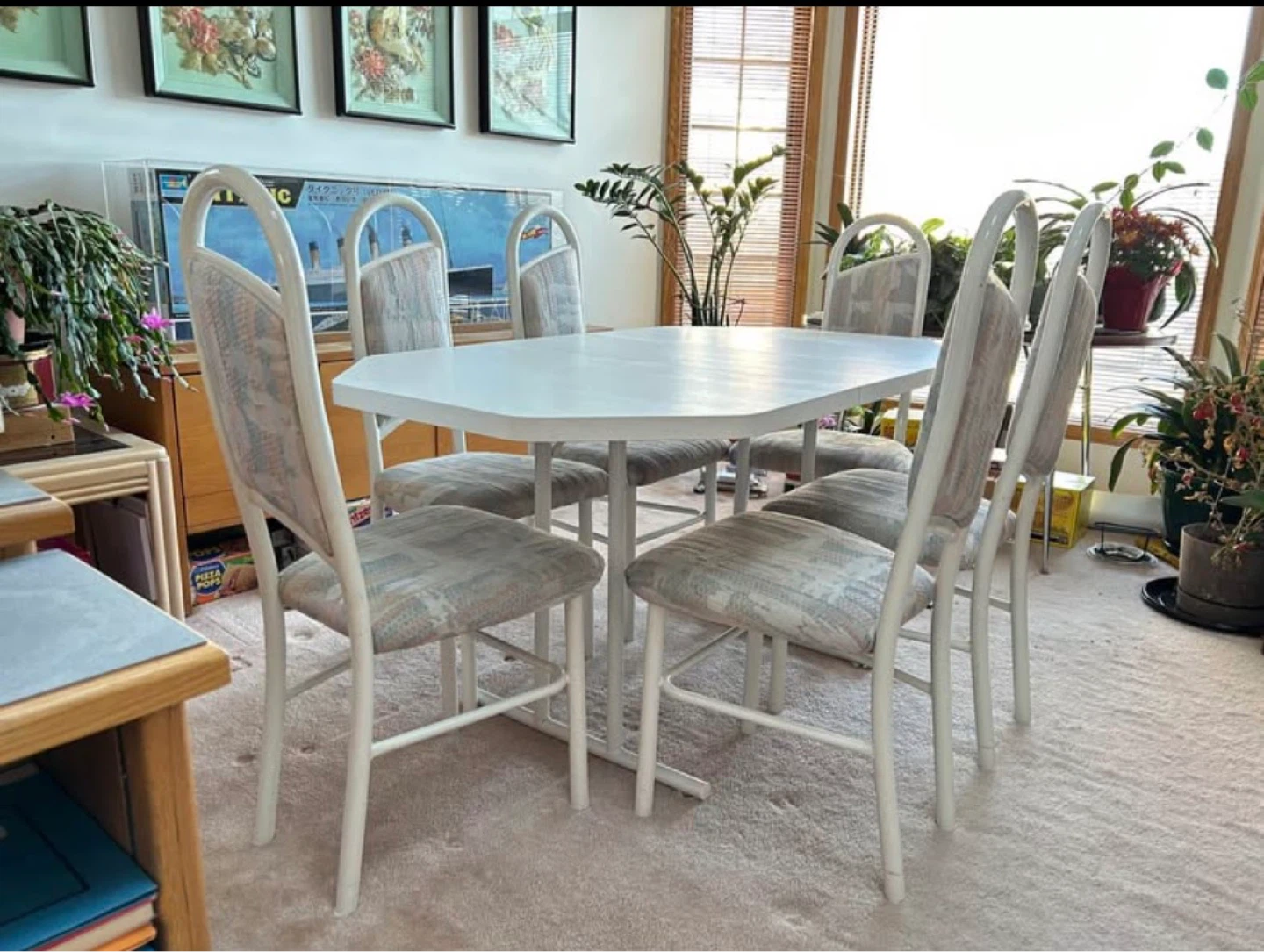 White Octagonal Dining Table Set with 6 Chairs