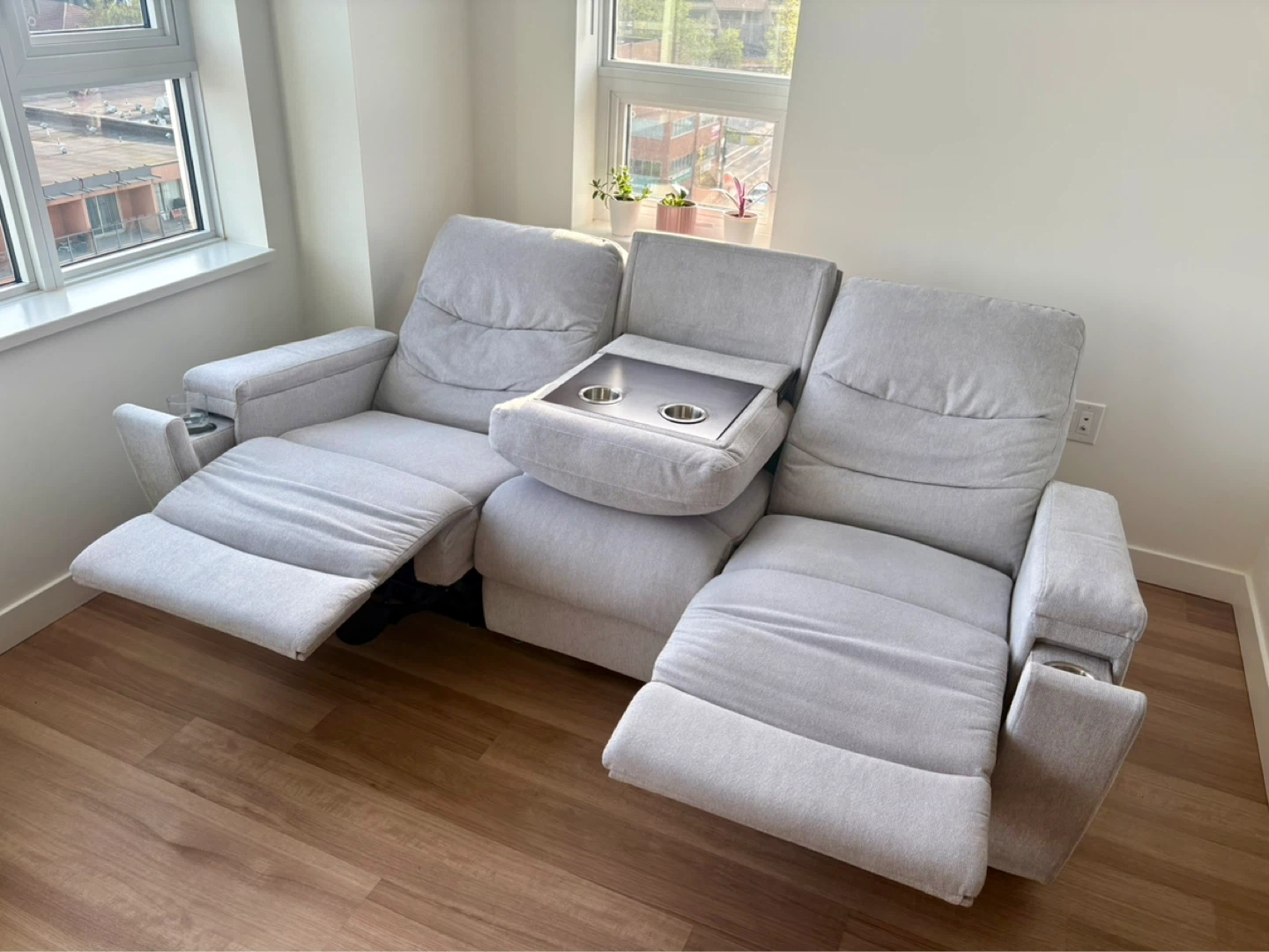 Grey Fabric 3-Seater Recliner Sofa with Cup Holders