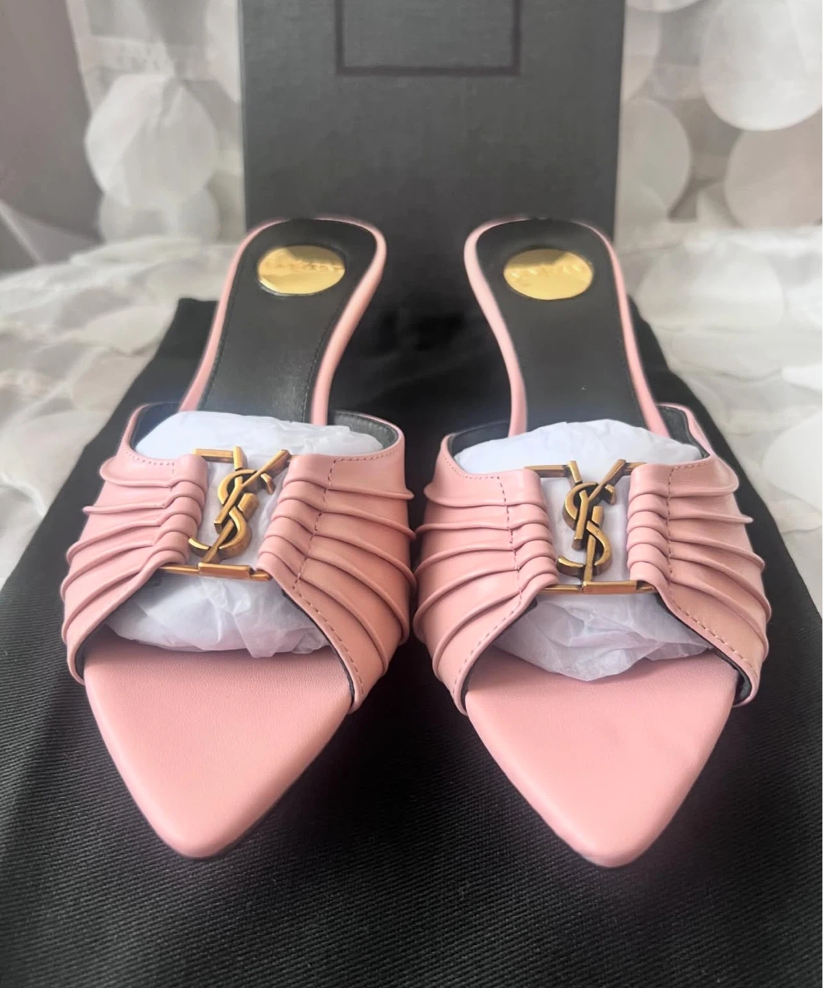 Saint Laurent Pink Leather Ruched Mule Heels