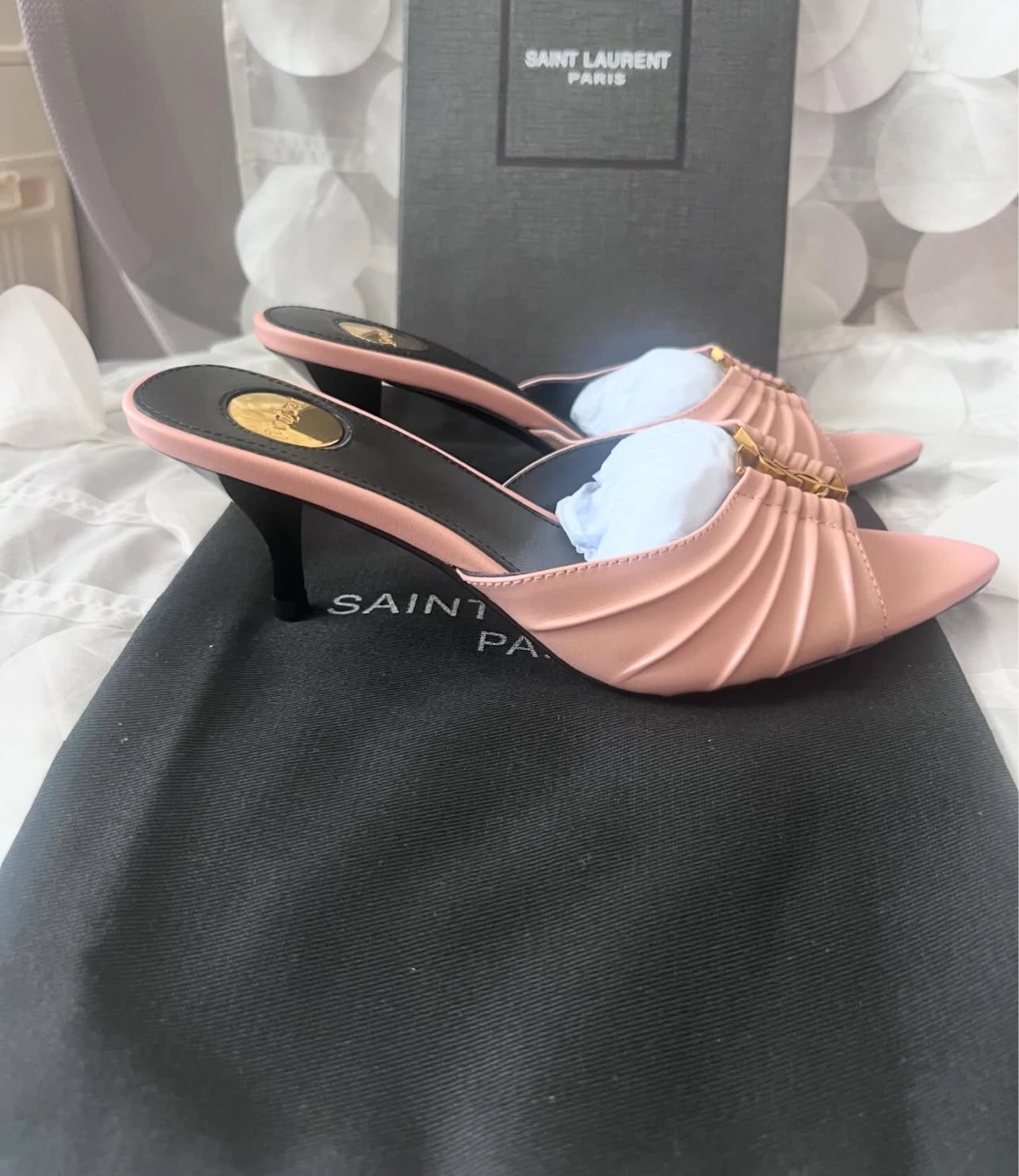 Saint Laurent Pink Leather Ruched Mule Heels - photo 2