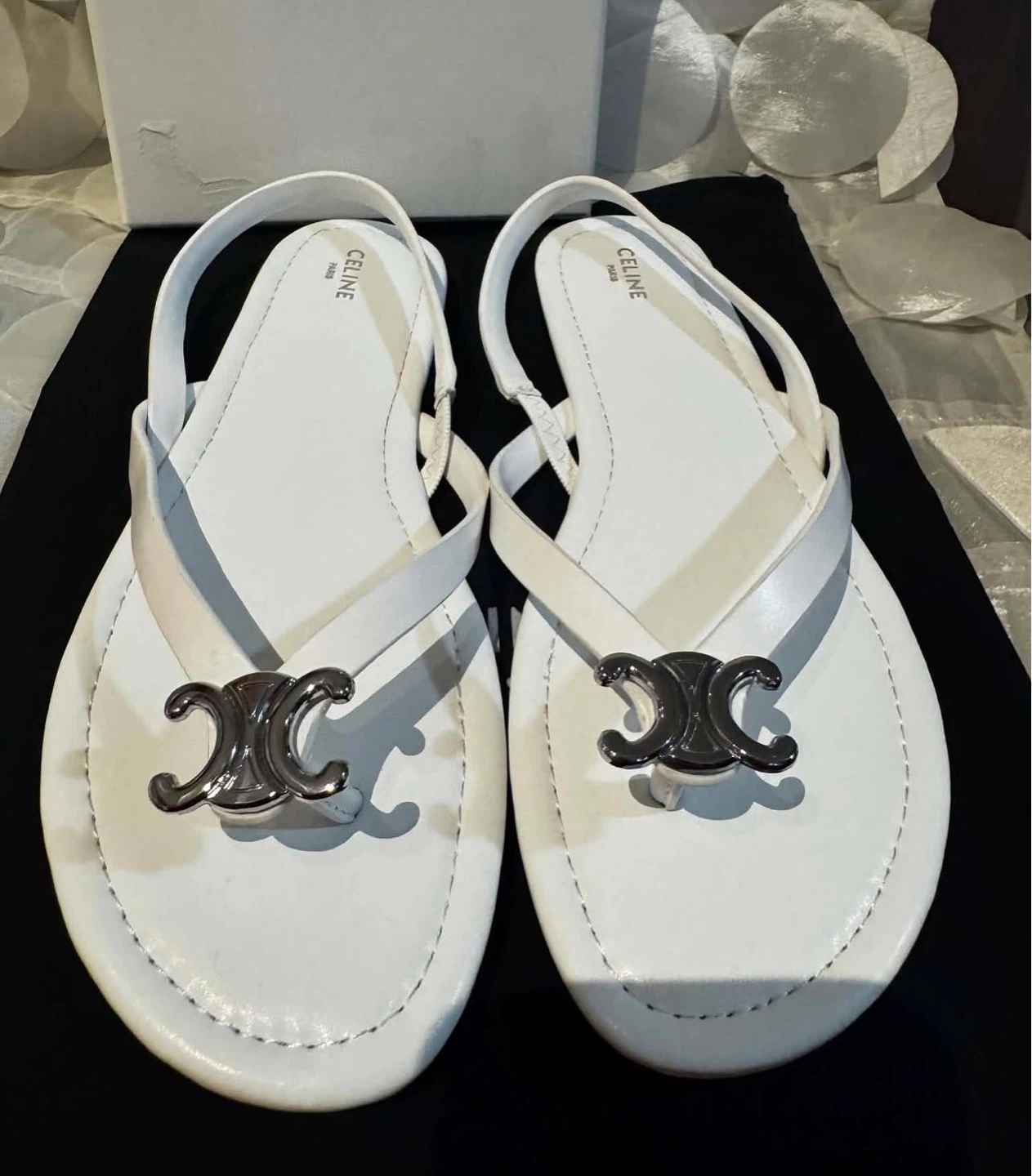 CELINE Paris White Thong Sandals with Triomphe Logo Size 37