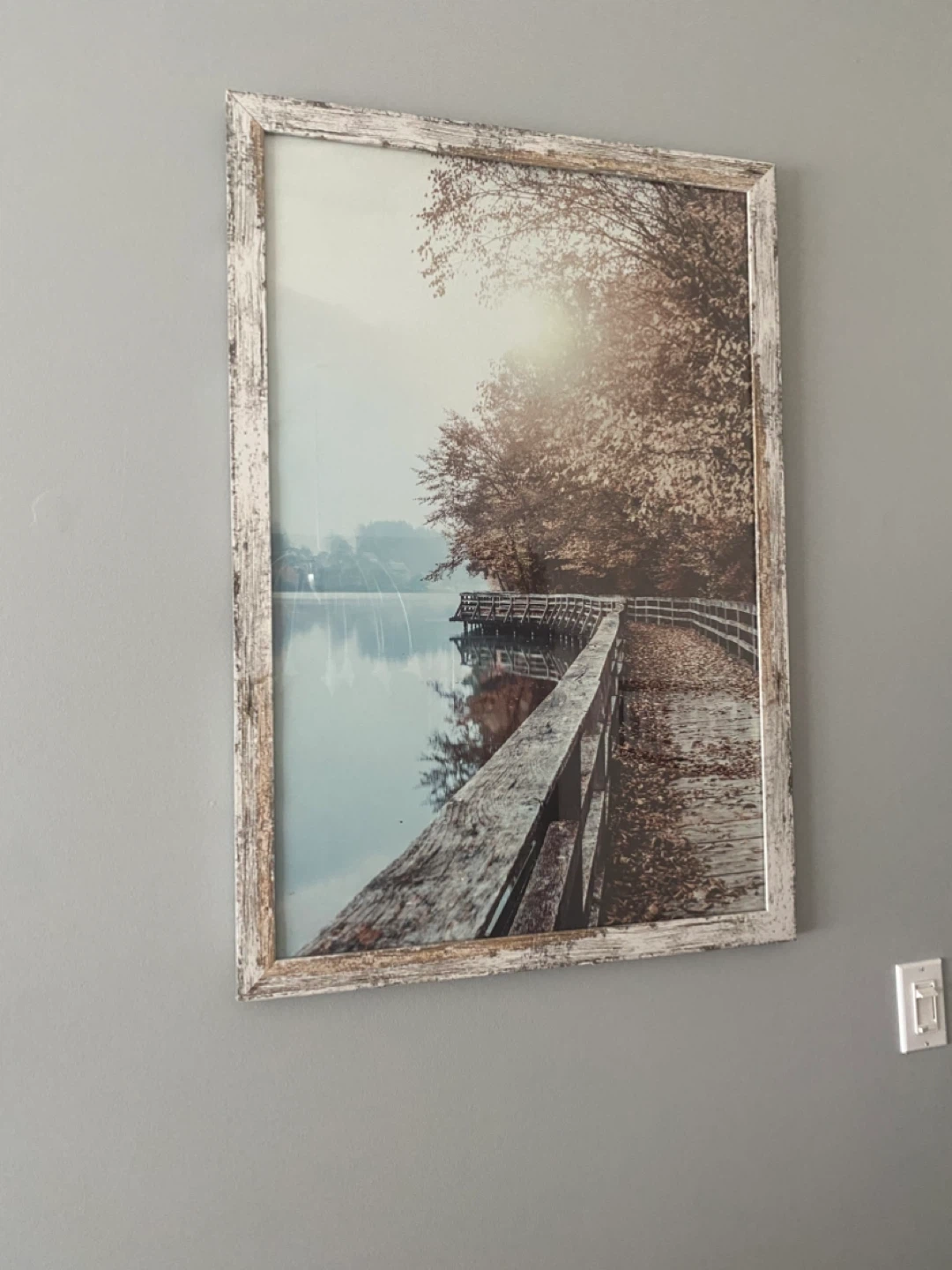 Framed Wall Art Print - Autumn Lake Boardwalk Scene