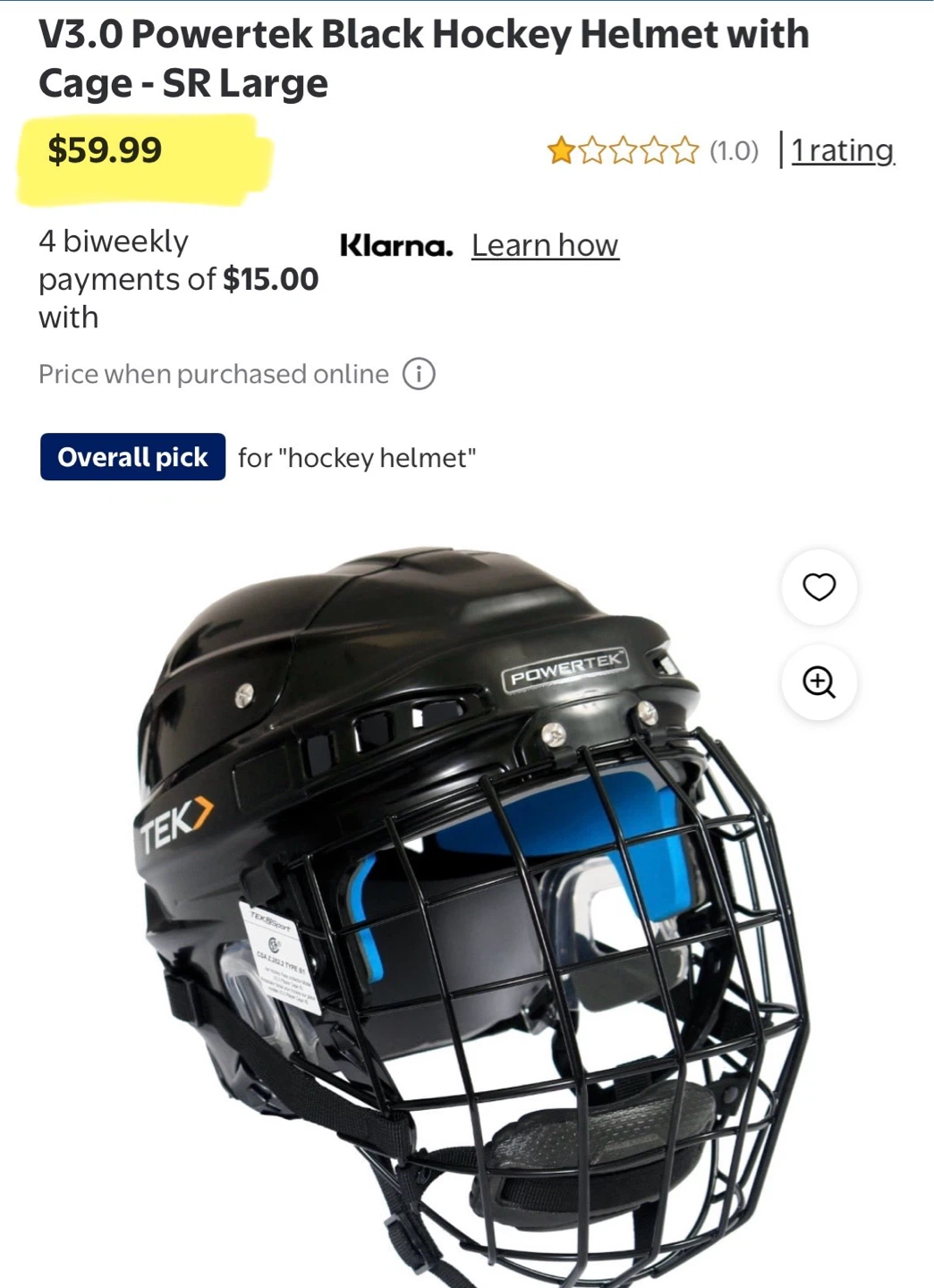 Powertek V3.0 Black Senior Large Hockey Helmet/Cage