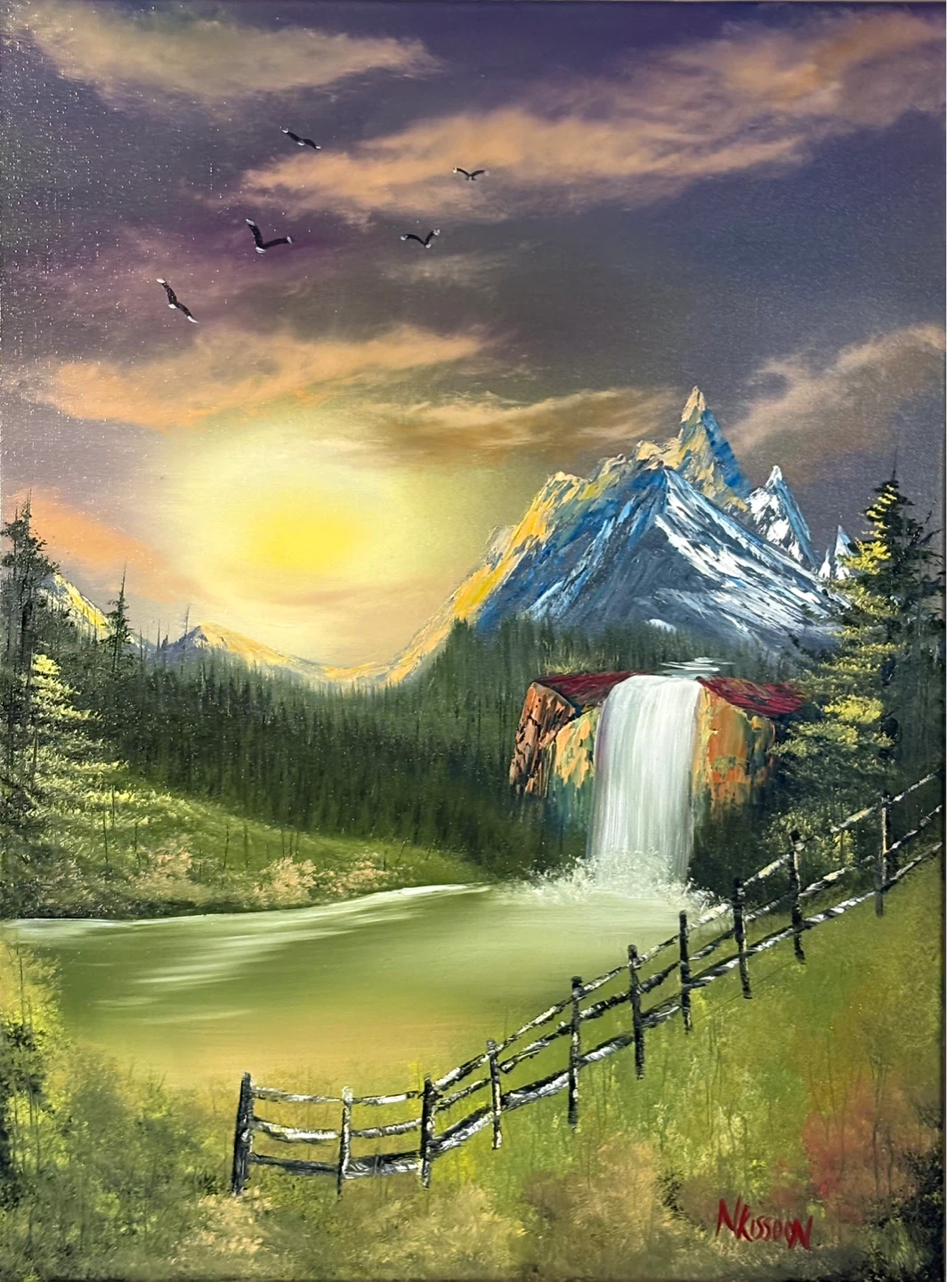 Original Oil Painting of Mountain Waterfall