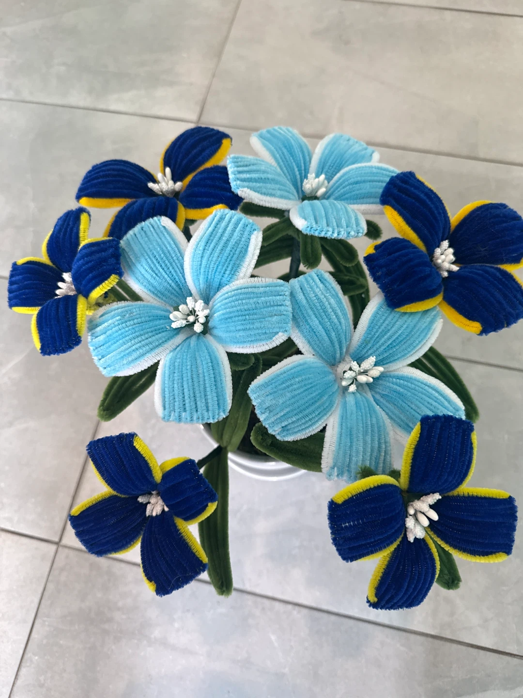 Artificial Pipe Cleaner Flowers in White Pot