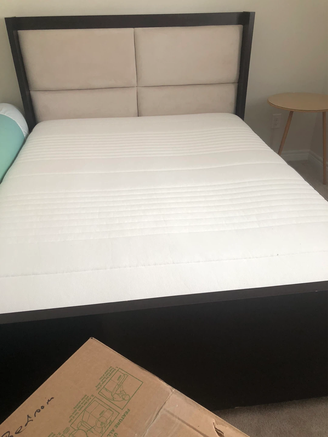 Dark Wood Queen Bed Frame with Upholstered Headboard