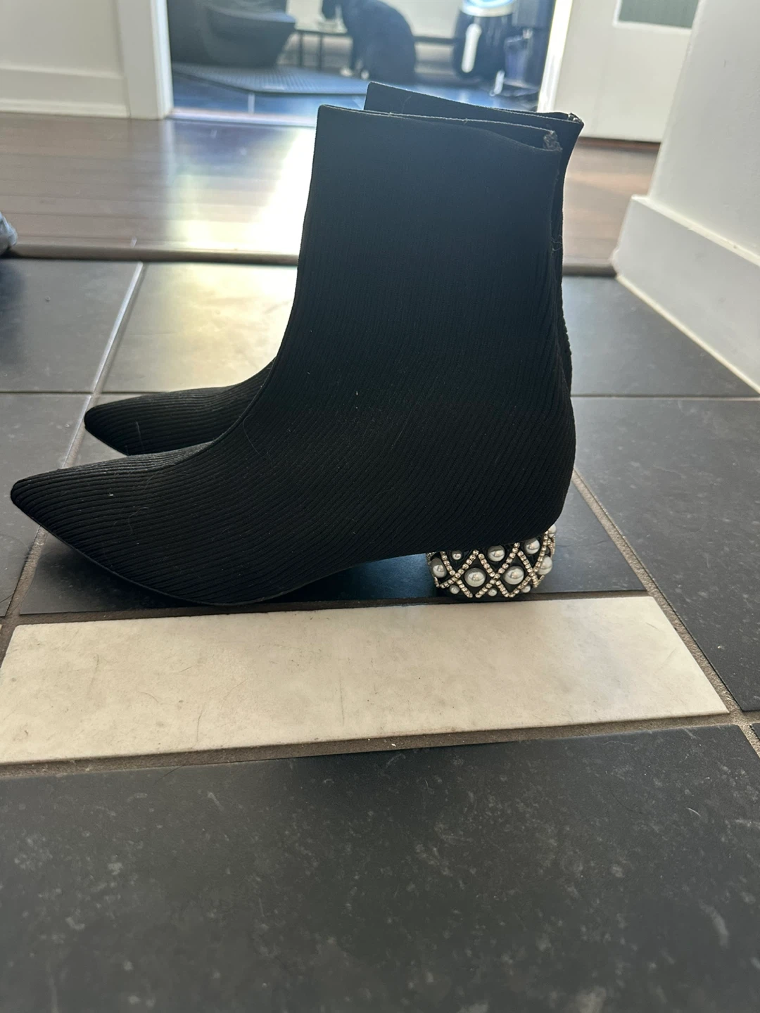 Rene Caovilla Black Sock Boots with Embellished Heels Size 38
