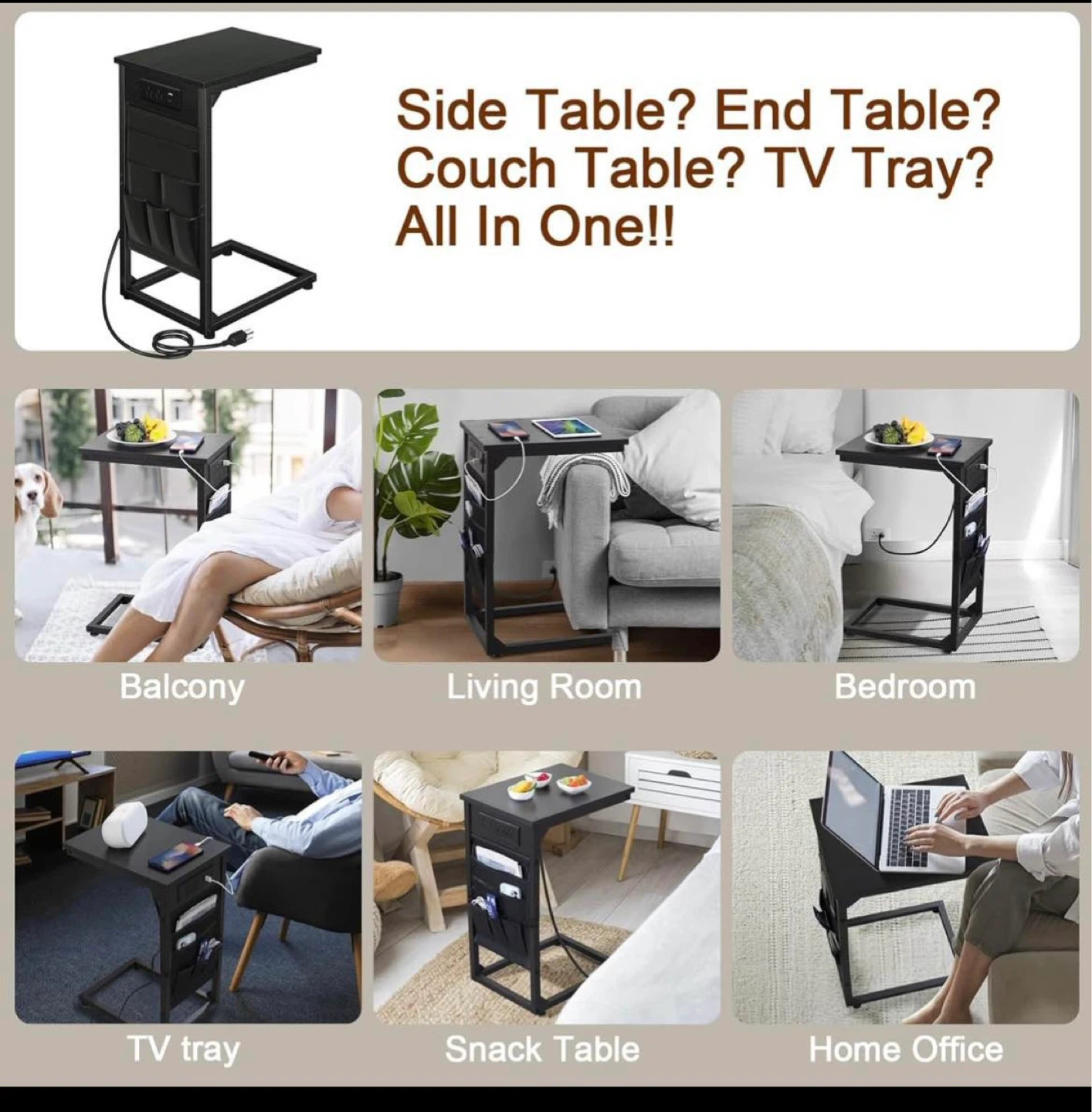 C-Shaped Sofa Side Table with Charging Station - photo 2