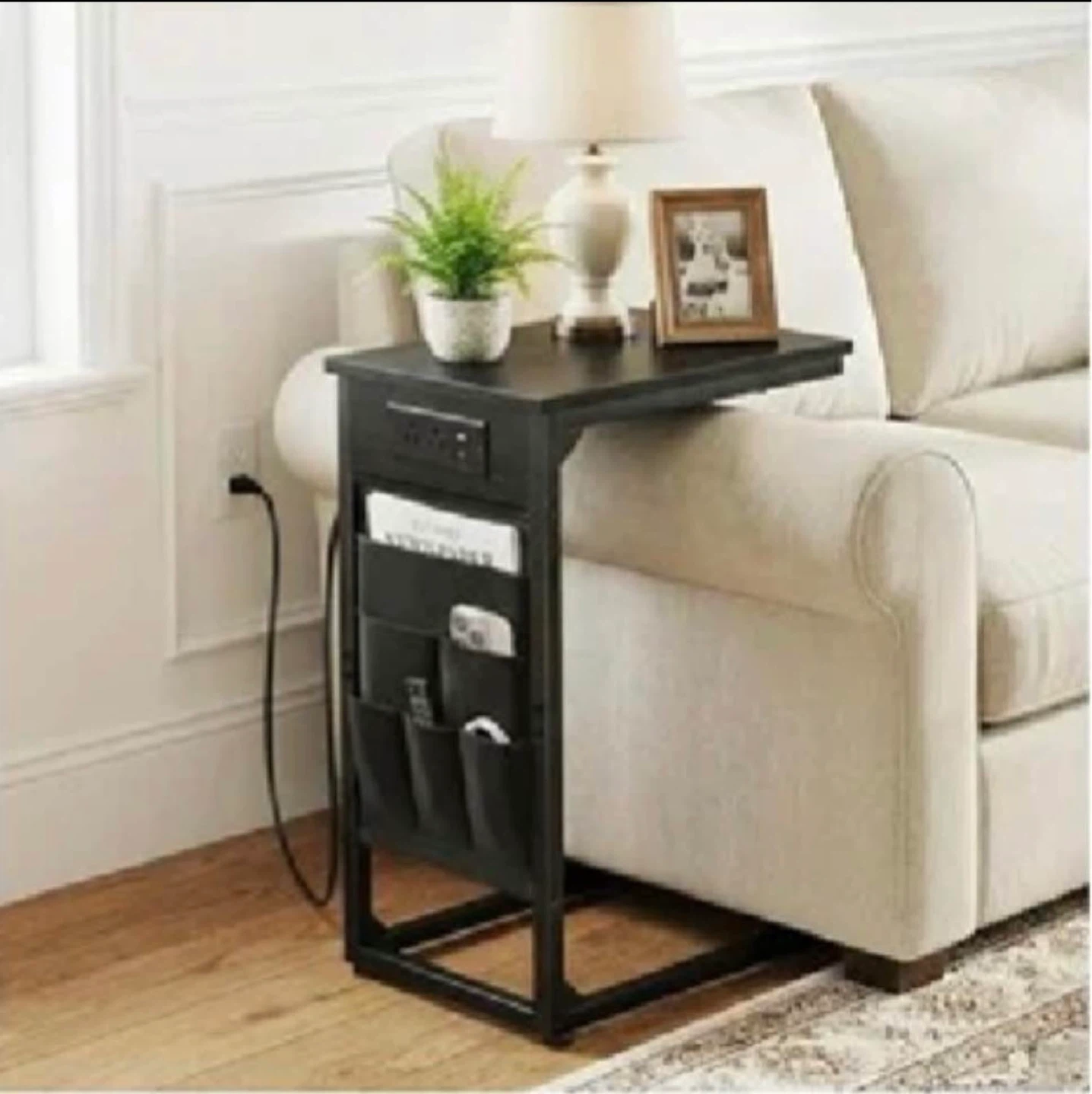 C-Shaped Sofa Side Table with Charging Station