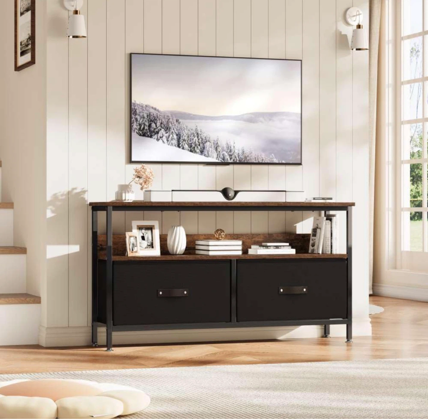 Rustic Wood TV Stand with 2 Fabric Drawers