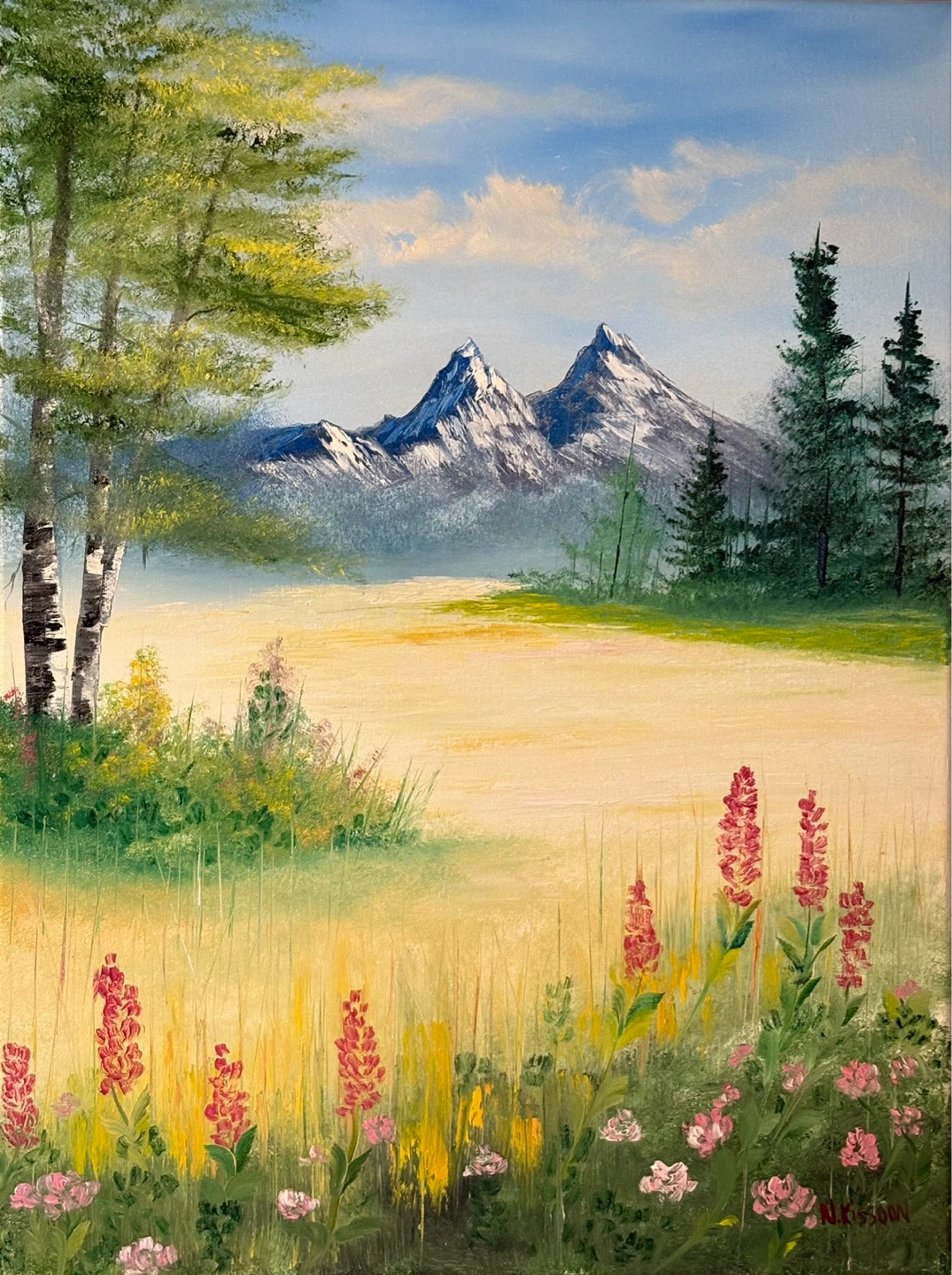 Original Oil Painting of Mountain and Flowers