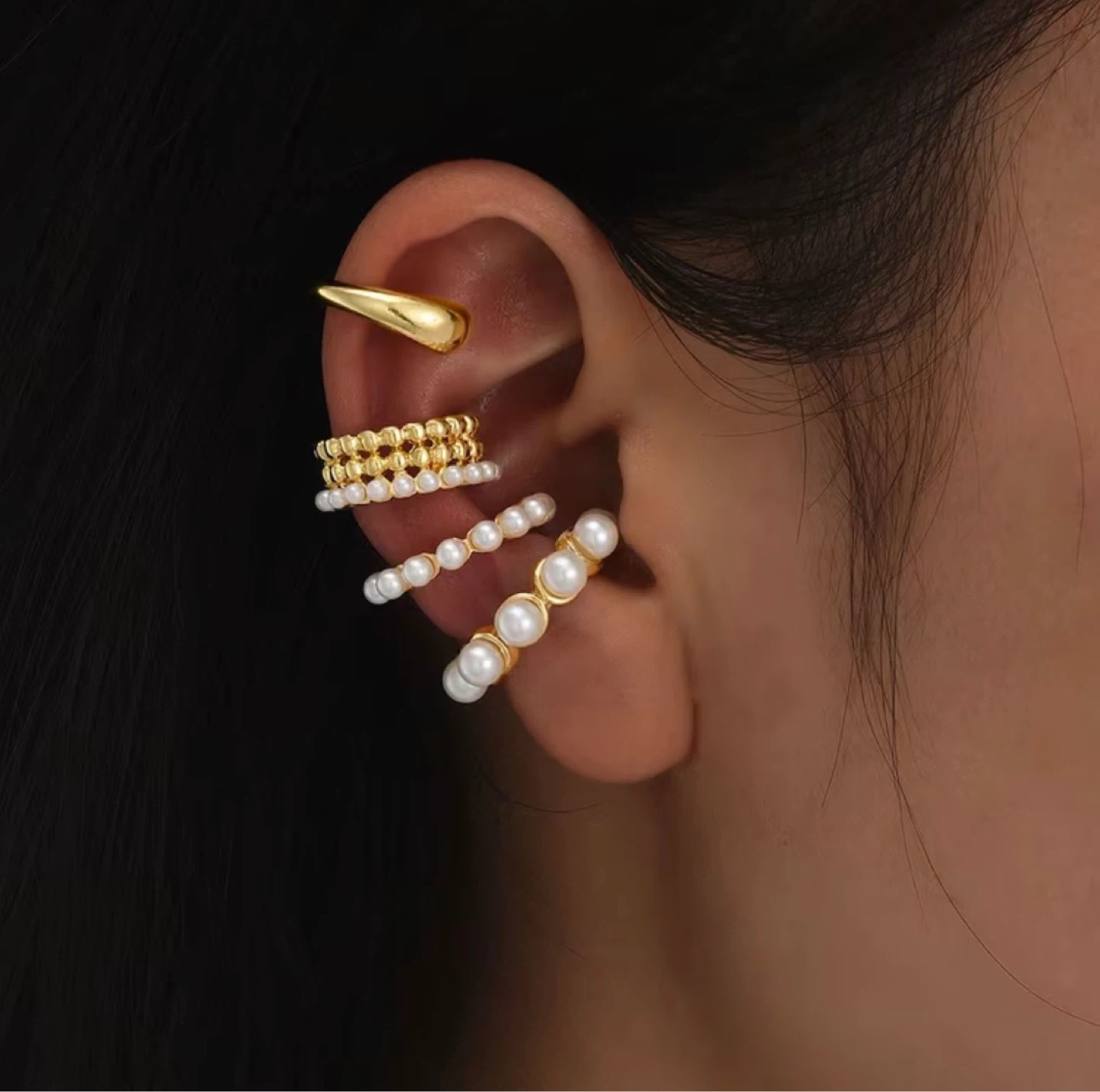 Set of 4 Pearl & Gold-Toned Ear Cuffs