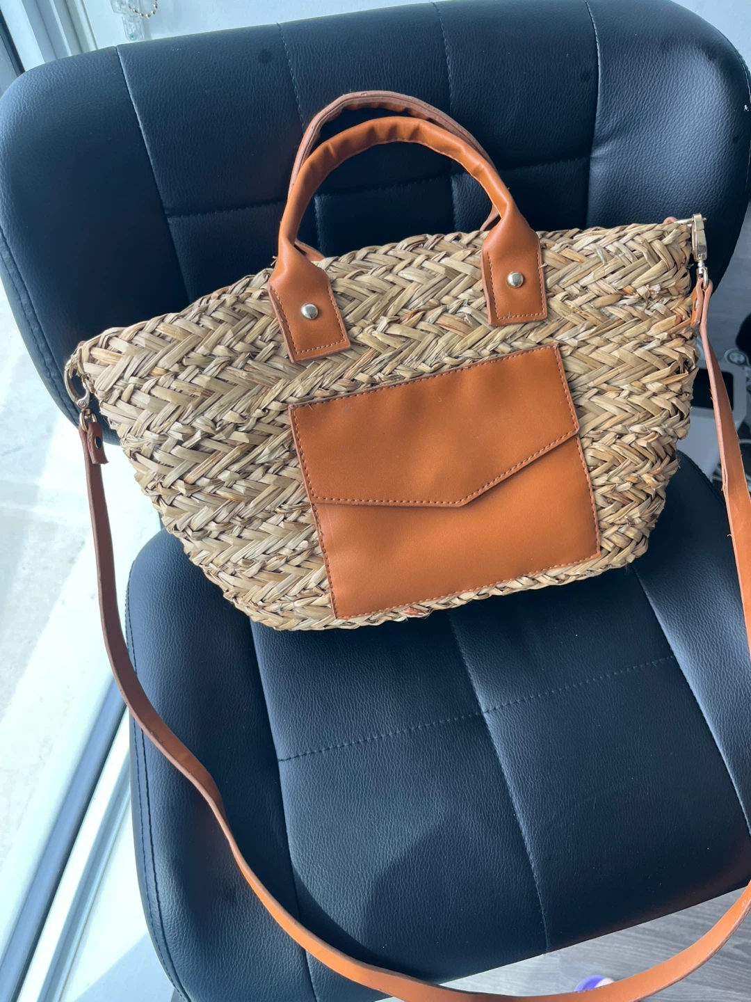 Straw Tote Bag with Faux Leather Accents