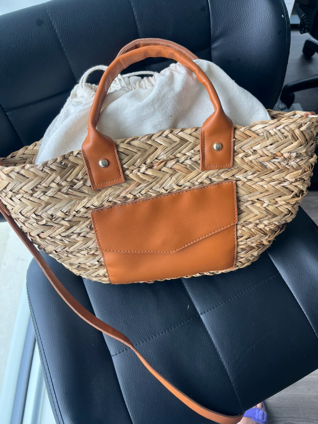 Straw Tote Bag with Faux Leather Accents - photo 2