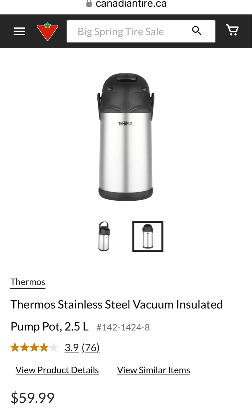 Thermos Stainless Steel Vacuum Insulated Pump Pot, 2.5 L