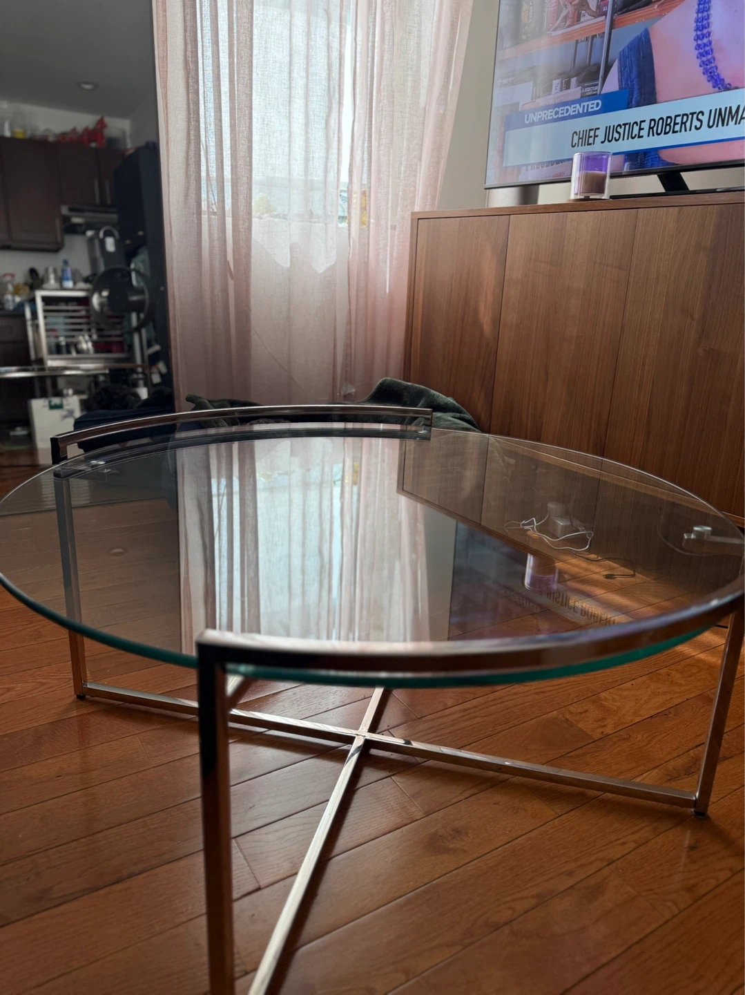 Round Glass Coffee Table with Chrome Base - photo 2