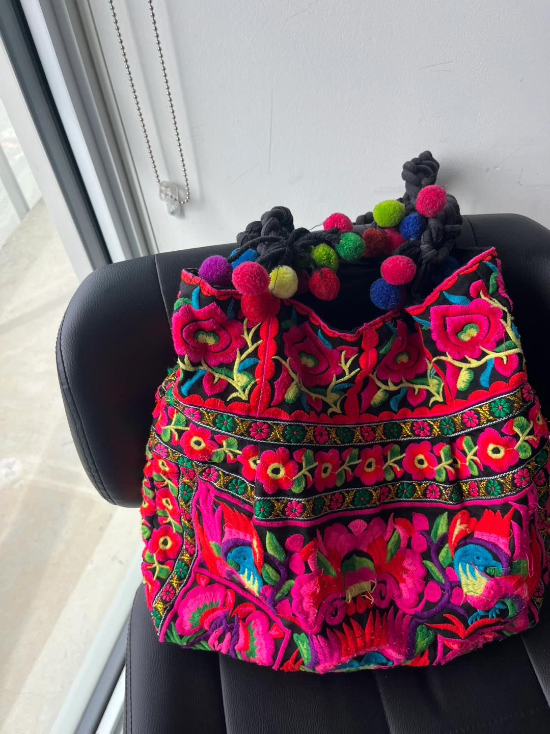 Embroidered Tote Bag with Pom-Poms