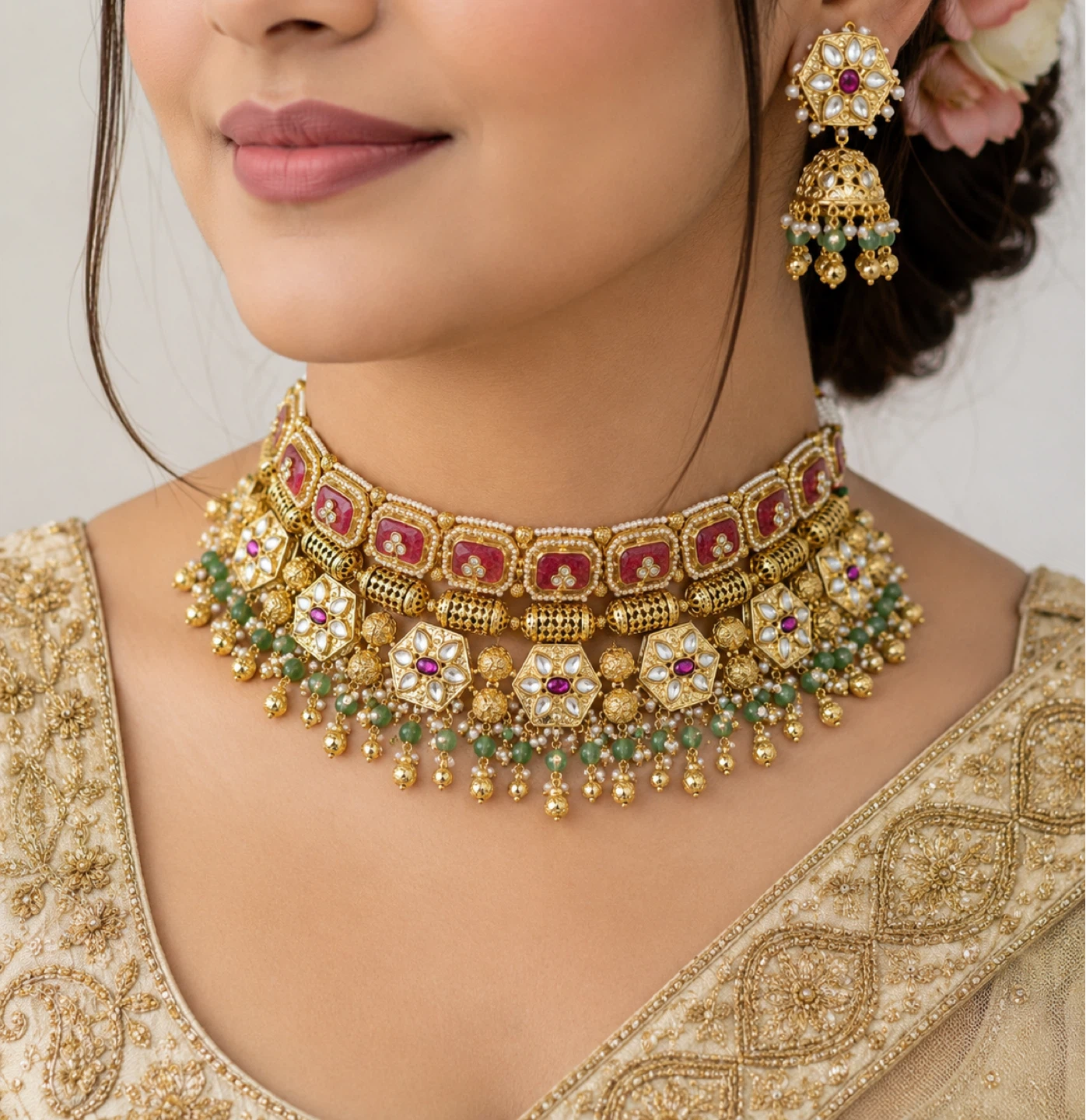 Gold Tone Necklace and Earrings Set with Red and Green Stones