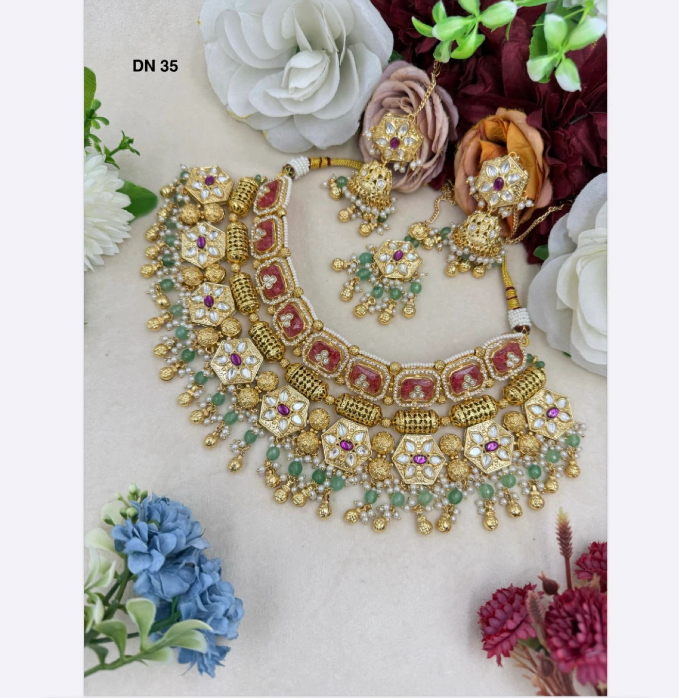 Gold Tone Necklace and Earrings Set with Red and Green Stones - photo 2
