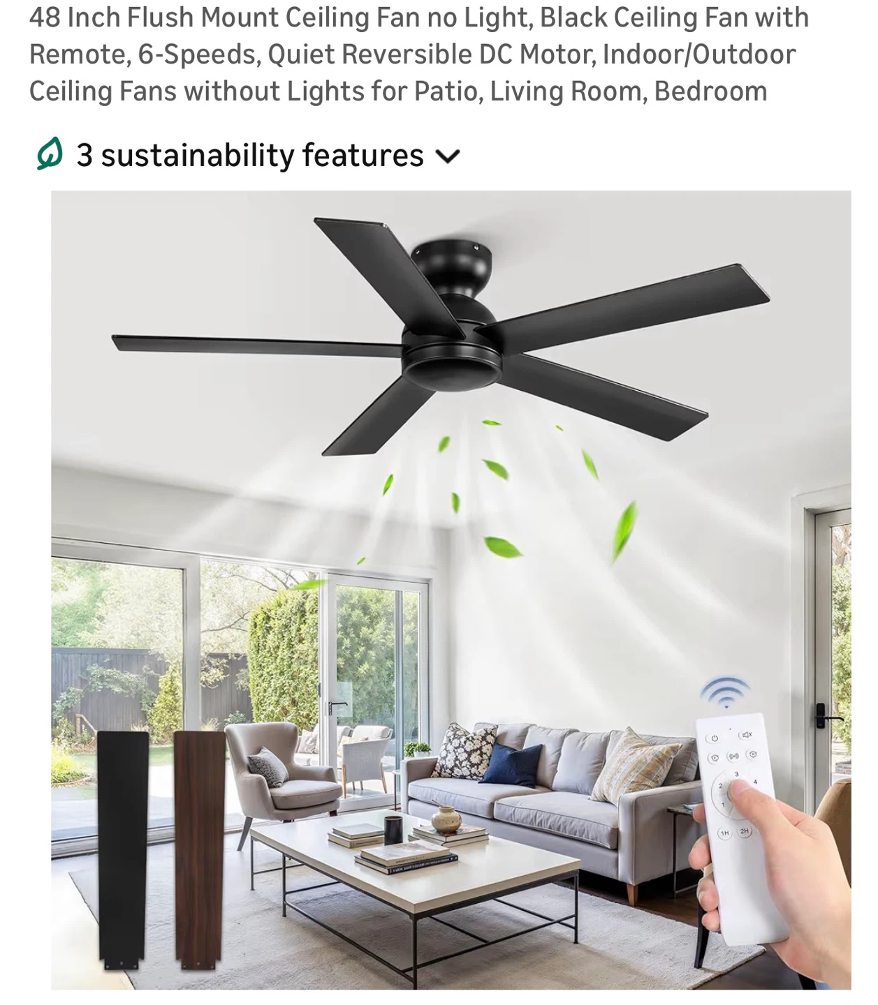 48" Black Flush Mount Ceiling Fan - 6 Speeds, Remote NF8