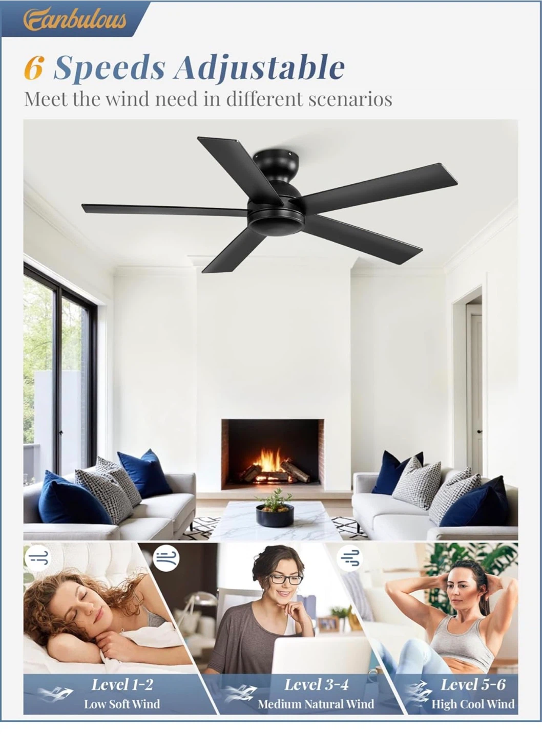 48" Black Flush Mount Ceiling Fan - 6 Speeds, Remote NF8 - photo 4