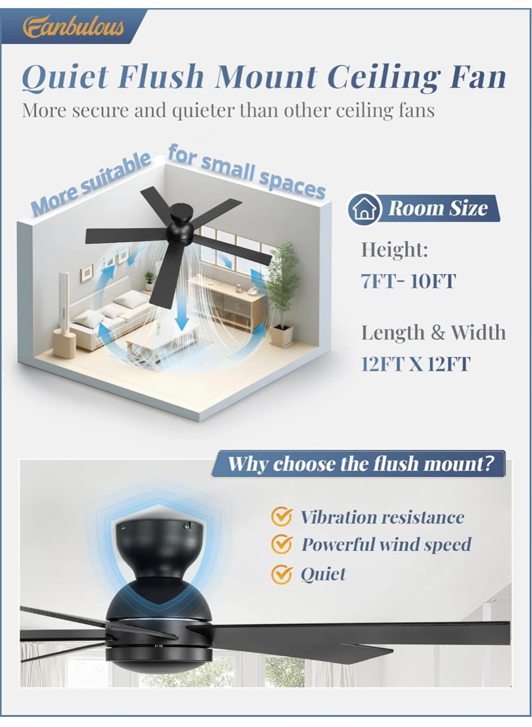 48" Black Flush Mount Ceiling Fan - 6 Speeds, Remote NF8 - photo 3