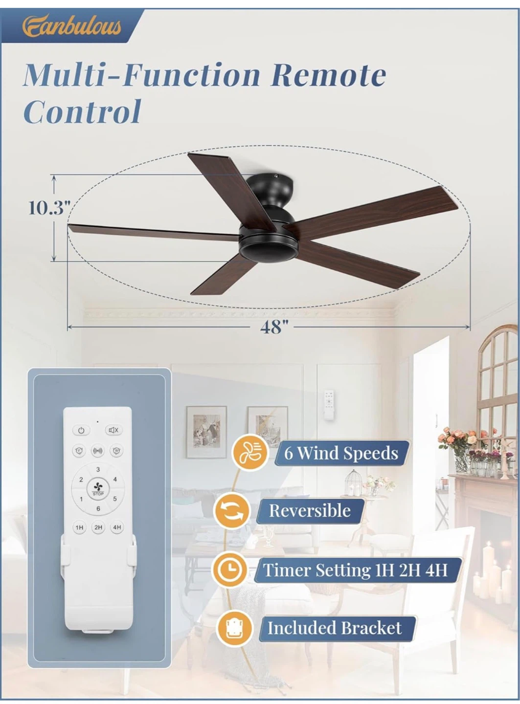 48" Black Flush Mount Ceiling Fan - 6 Speeds, Remote NF8 - photo 2