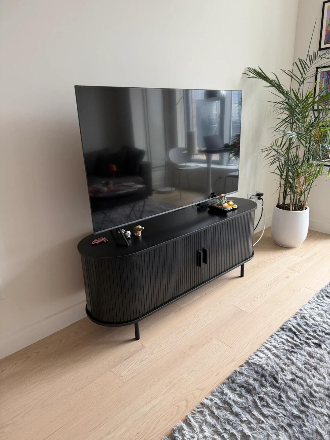 Black Modern Wood TV Stand with Storage and Shelves - photo 2