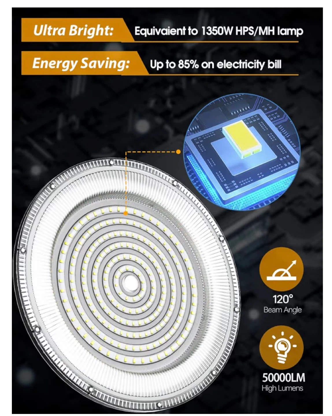 350W LED High Bay Light - 50000LM, 110-275V, IP66 Waterproof UH3 - photo 2