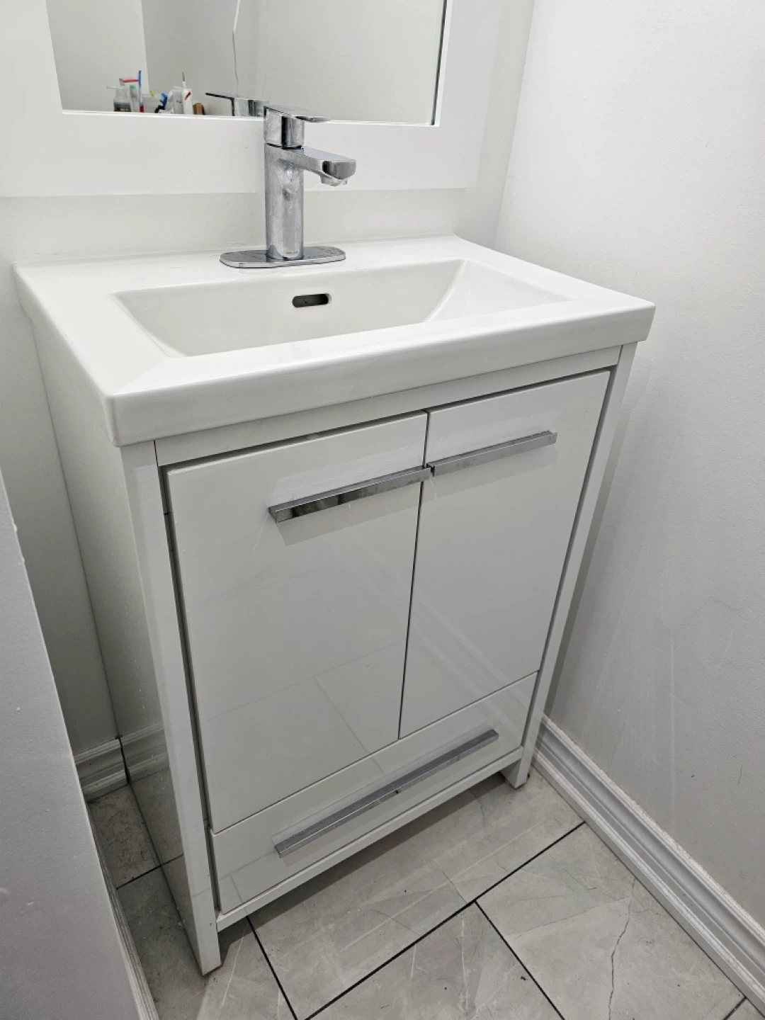 White Vanity Sink with Chrome Faucet and Storage Cabinet - photo 2