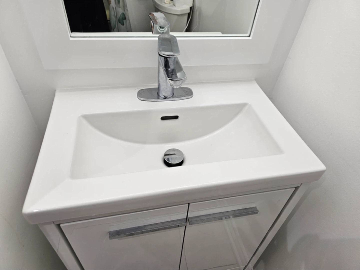 White Vanity Sink with Chrome Faucet and Storage Cabinet - photo 3