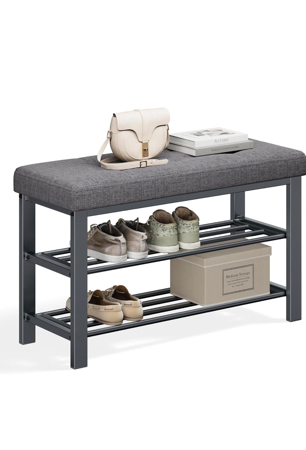 Grey Upholstered Storage Bench with 2-Tier Shoe Rack