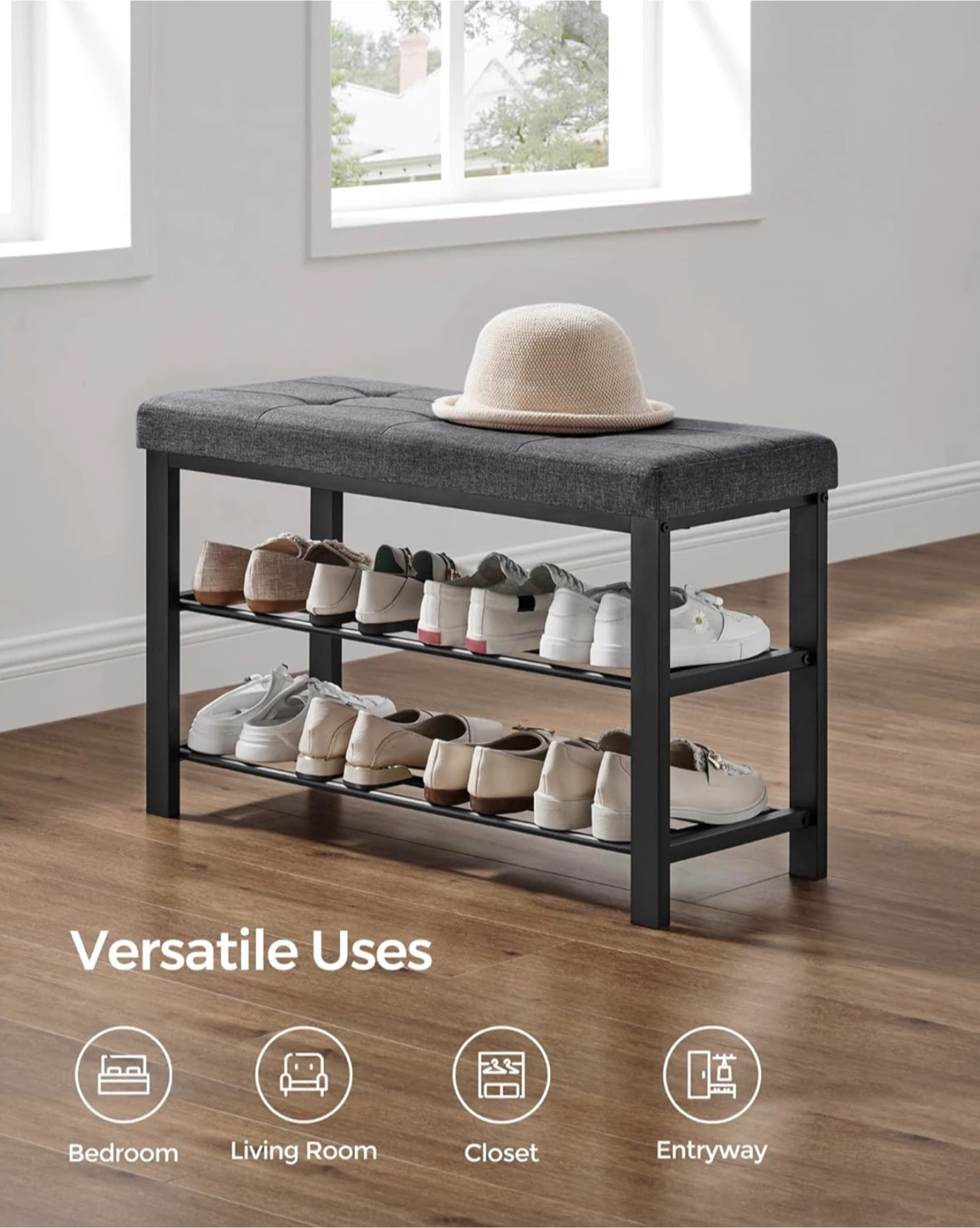 Grey Upholstered Storage Bench with 2-Tier Shoe Rack - photo 2