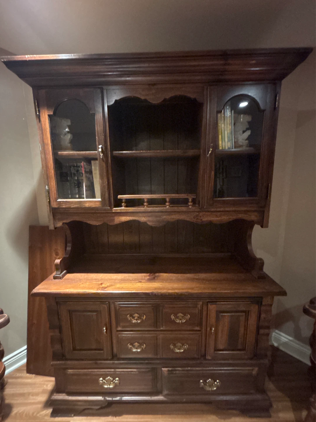 Wooden Hutch with Glass Doors and Drawers