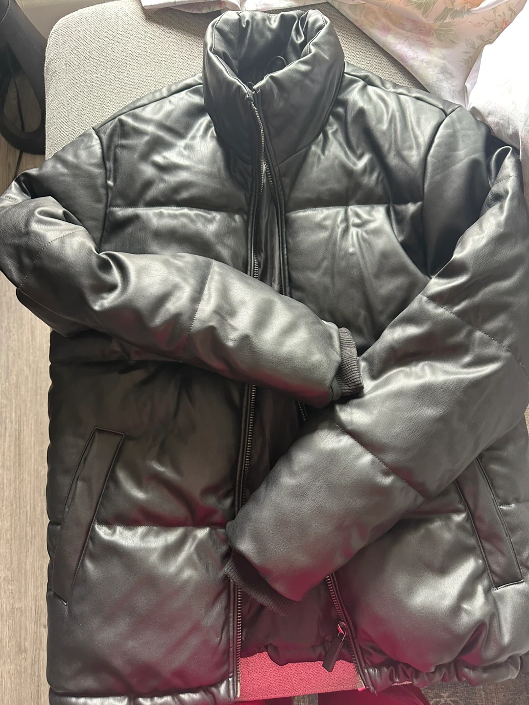 Black Faux Leather Puffer Jacket - photo 2
