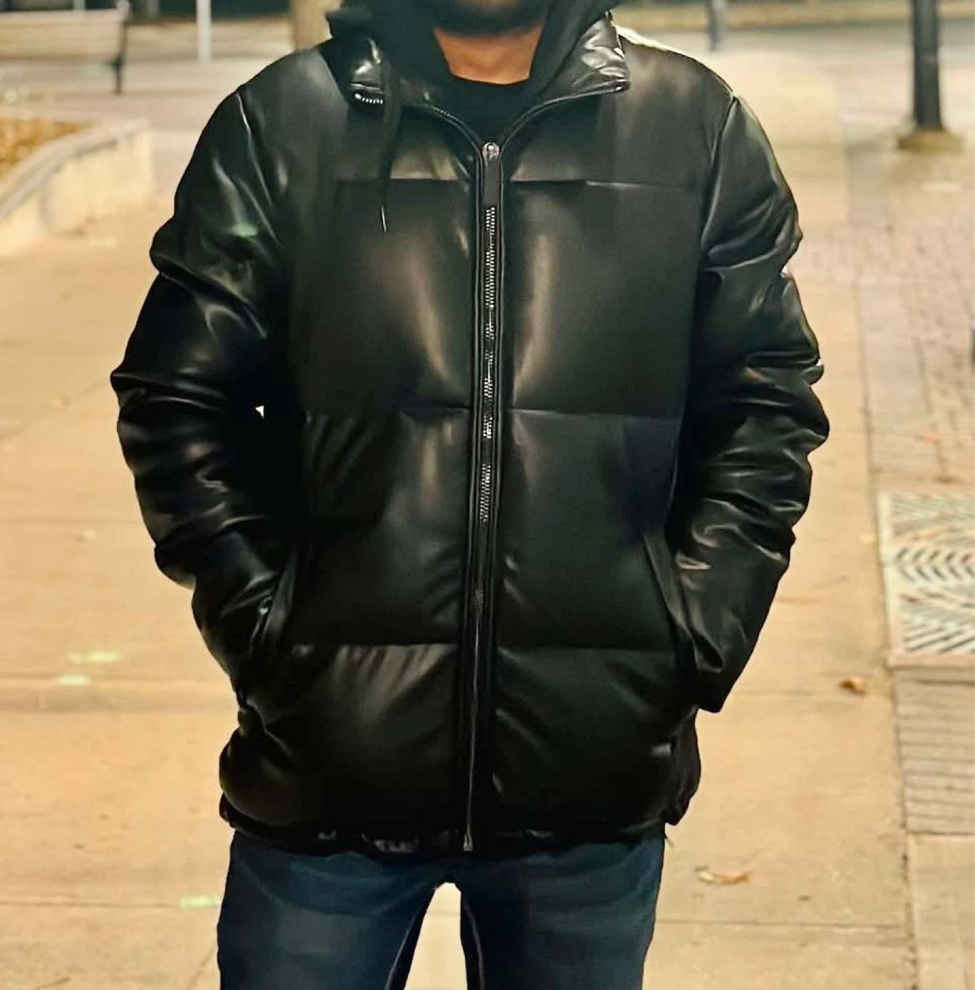Black Faux Leather Puffer Jacket